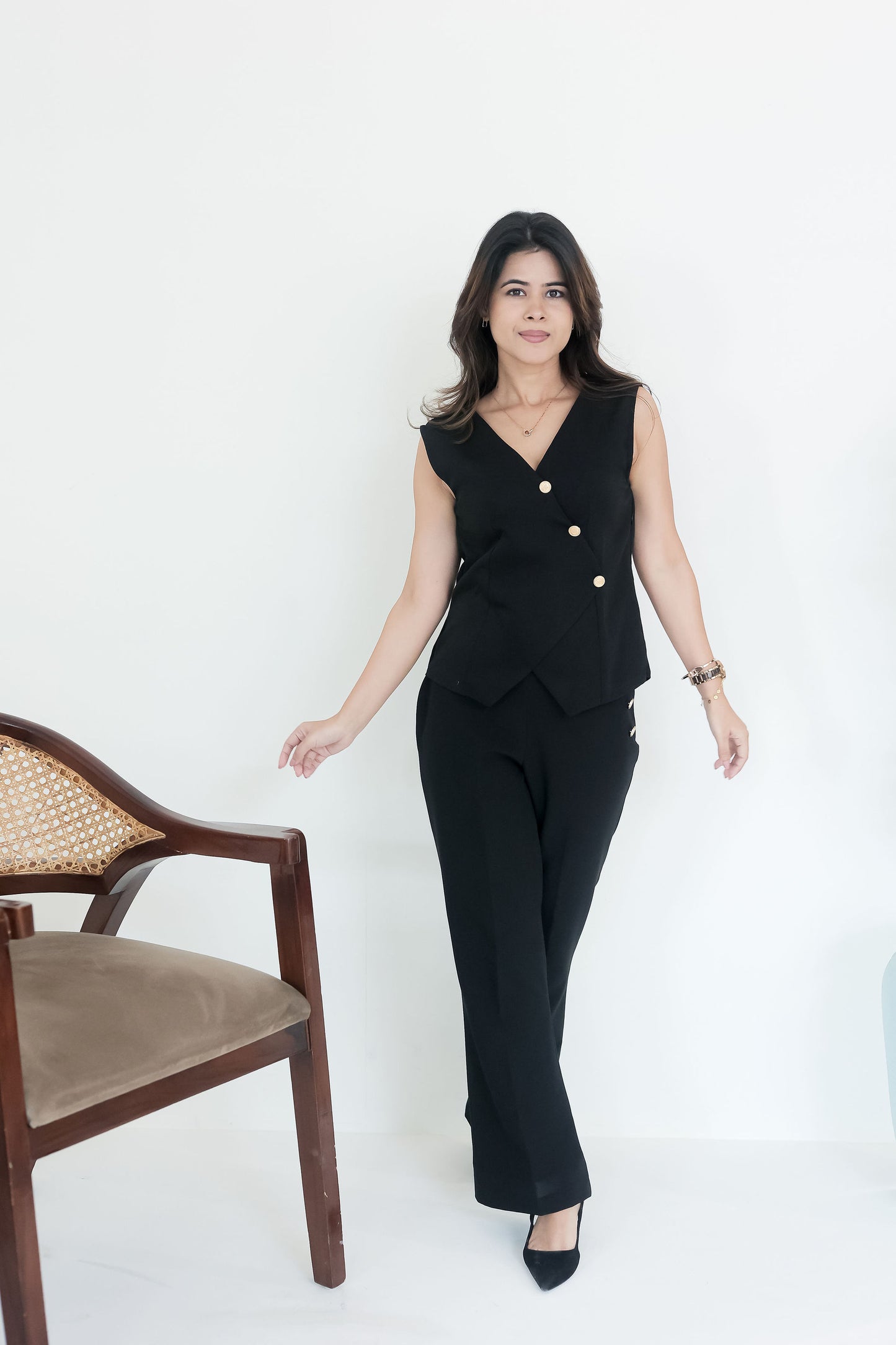 Black crepe waistcoat top with gold buttons detailing EWTP0063-BLKGB