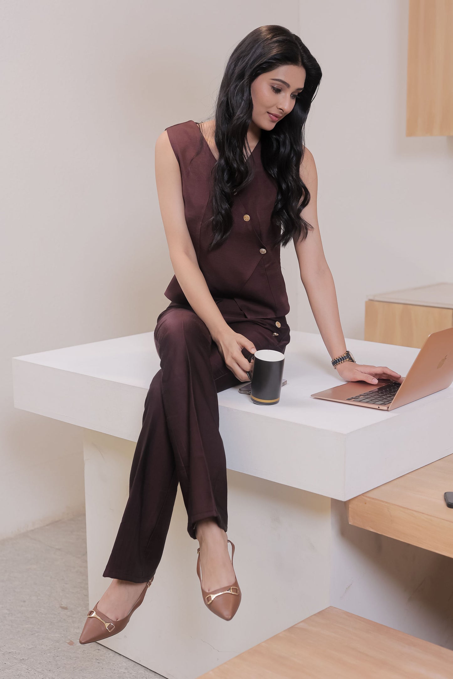 Brown Linen satin waistcoat with gold buttons detailing EWTP0062-BRNGB