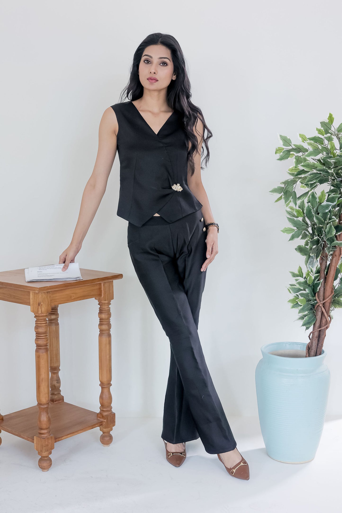 Black linen satin pants with gold buttons ESWPA0011-BLKGB