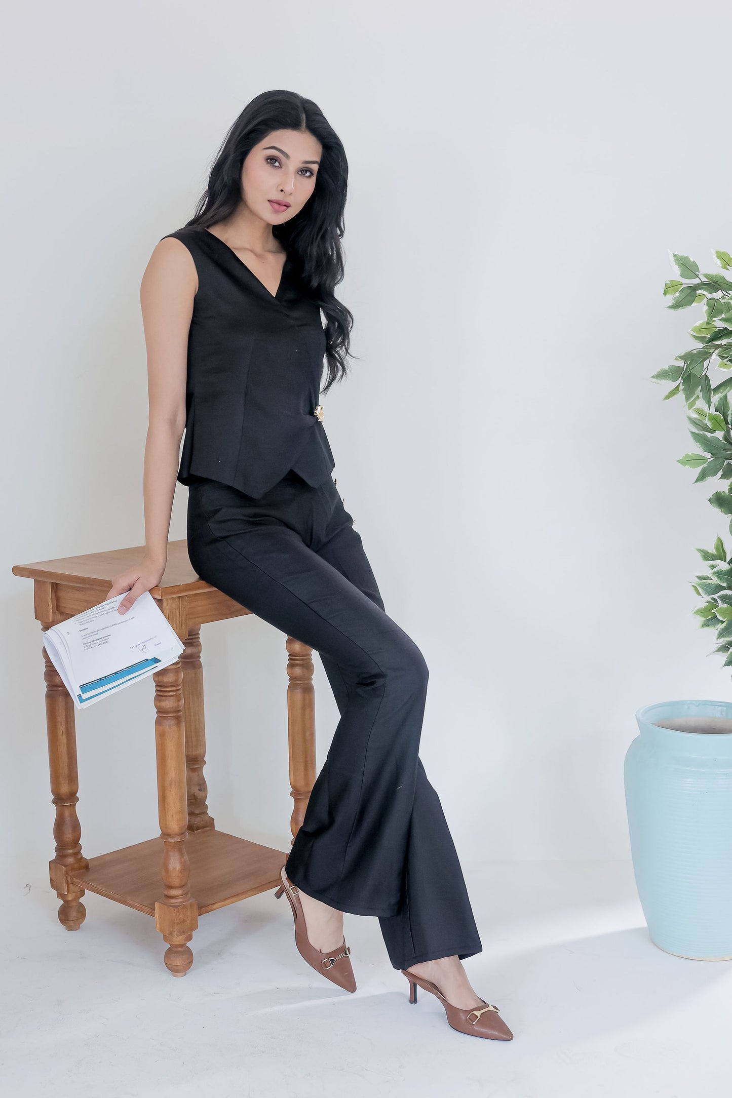 Black linen satin pants with gold buttons ESWPA0011-BLKGB