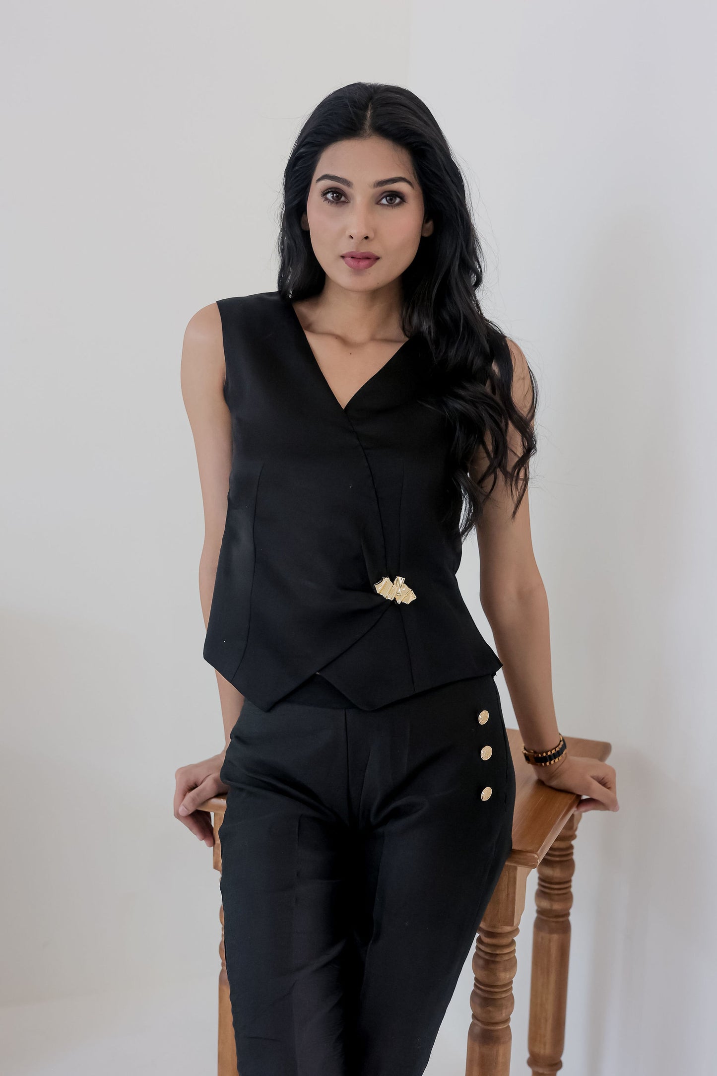 Black linen waist coat with gold applique EWTP0066-BLKGA