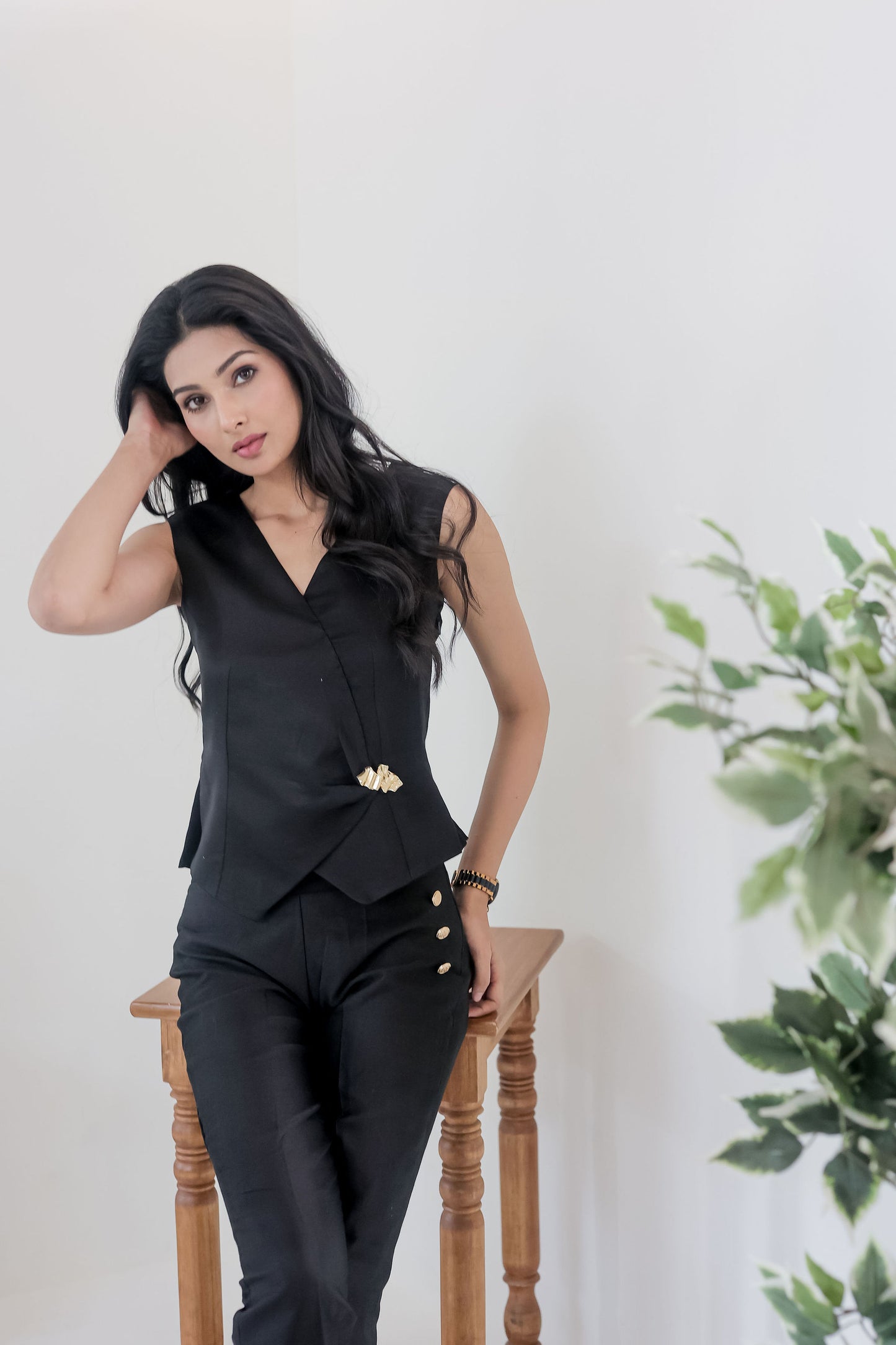 Black linen waist coat with gold applique EWTP0066-BLKGA