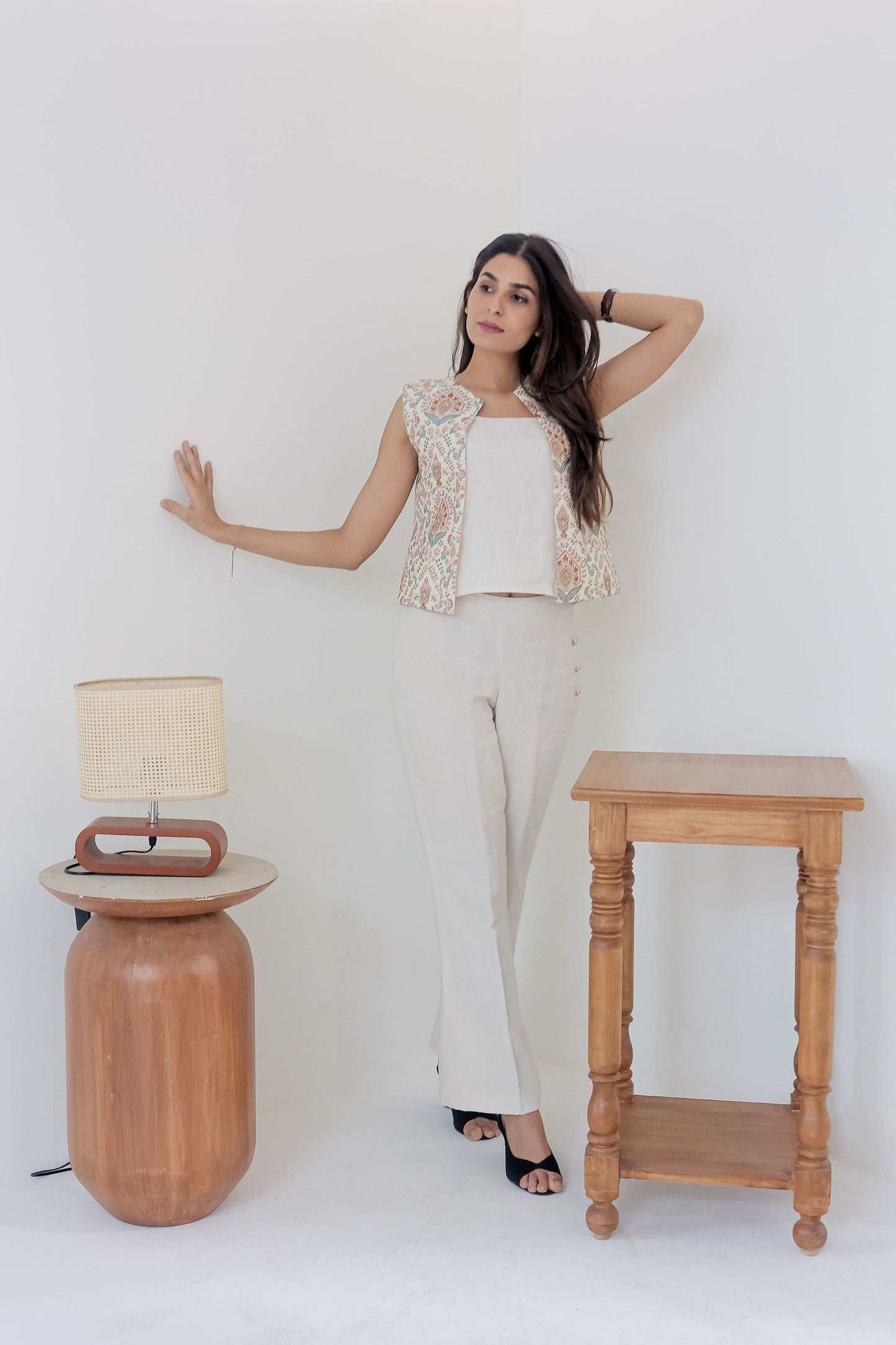 Cream Linen cotton pants with gold buttons detailing ESWPA0015-CREGB