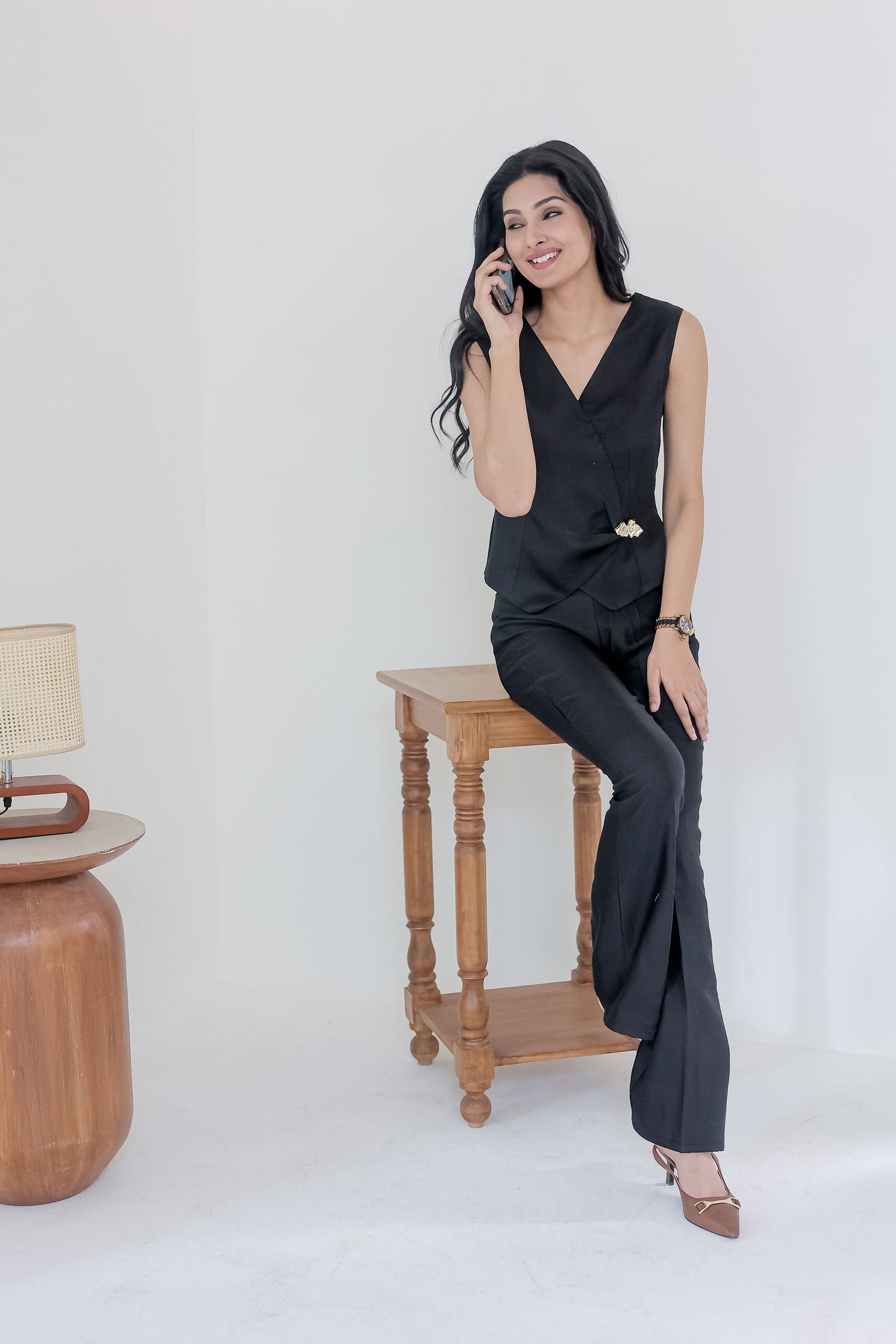 Black linen satin pants with gold buttons ESWPA0011-BLKGB