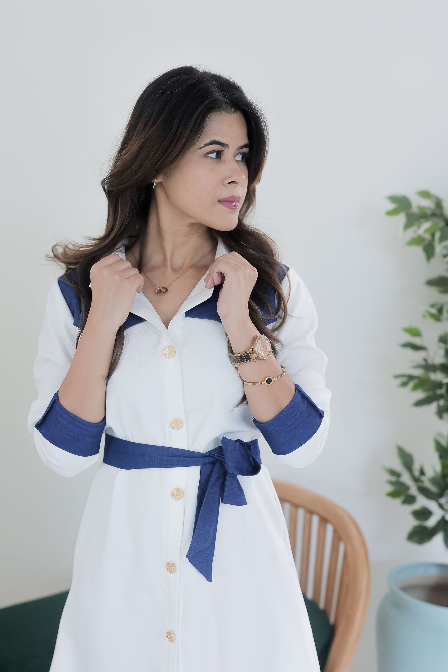 White shirt dress with denim detailing and gold buttons-Esseneur
