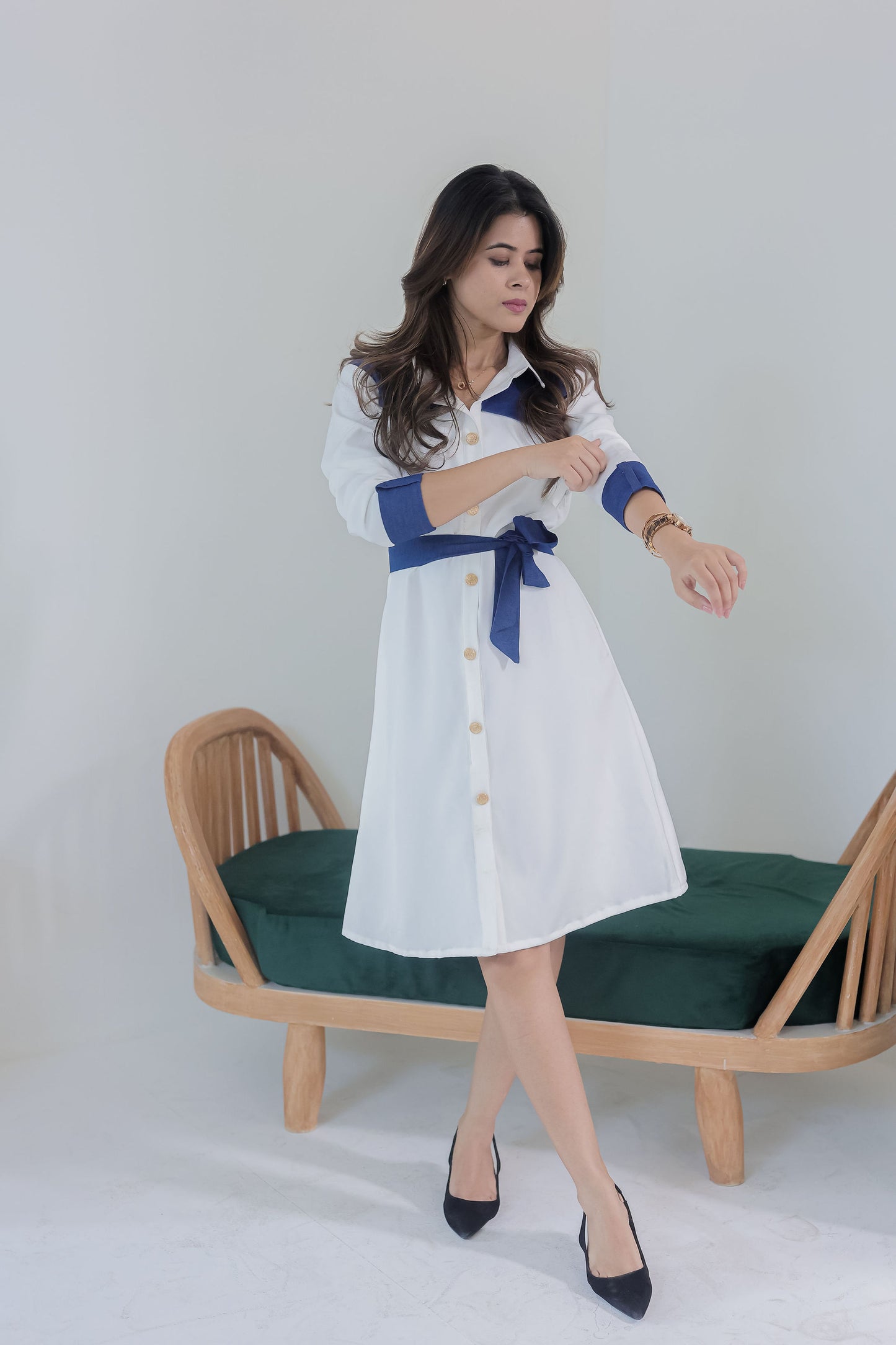 White shirt dress with denim detailing and gold buttons-Esseneur