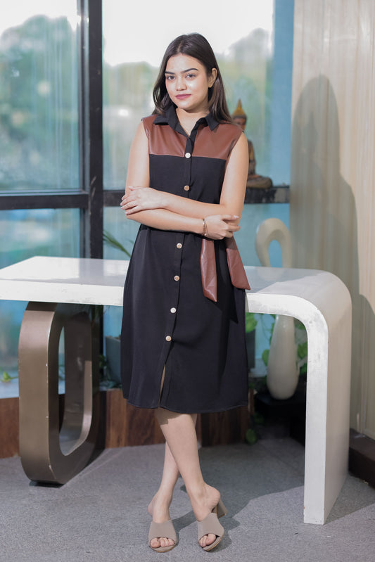 Black and leather detailing dress without sleeves EWDR0018-BLKLT