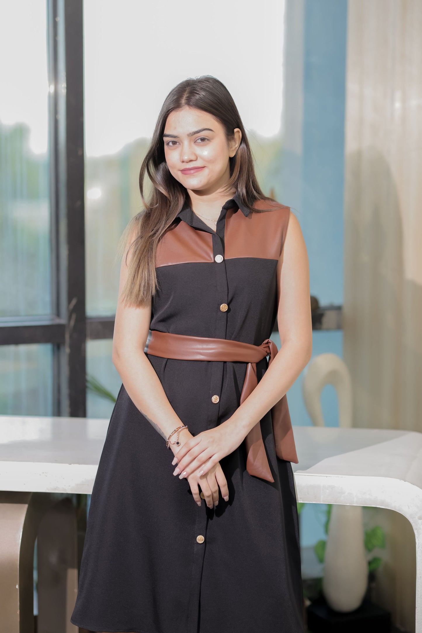 Black and leather detailing dress without sleeves EWDR0018-BLKLT