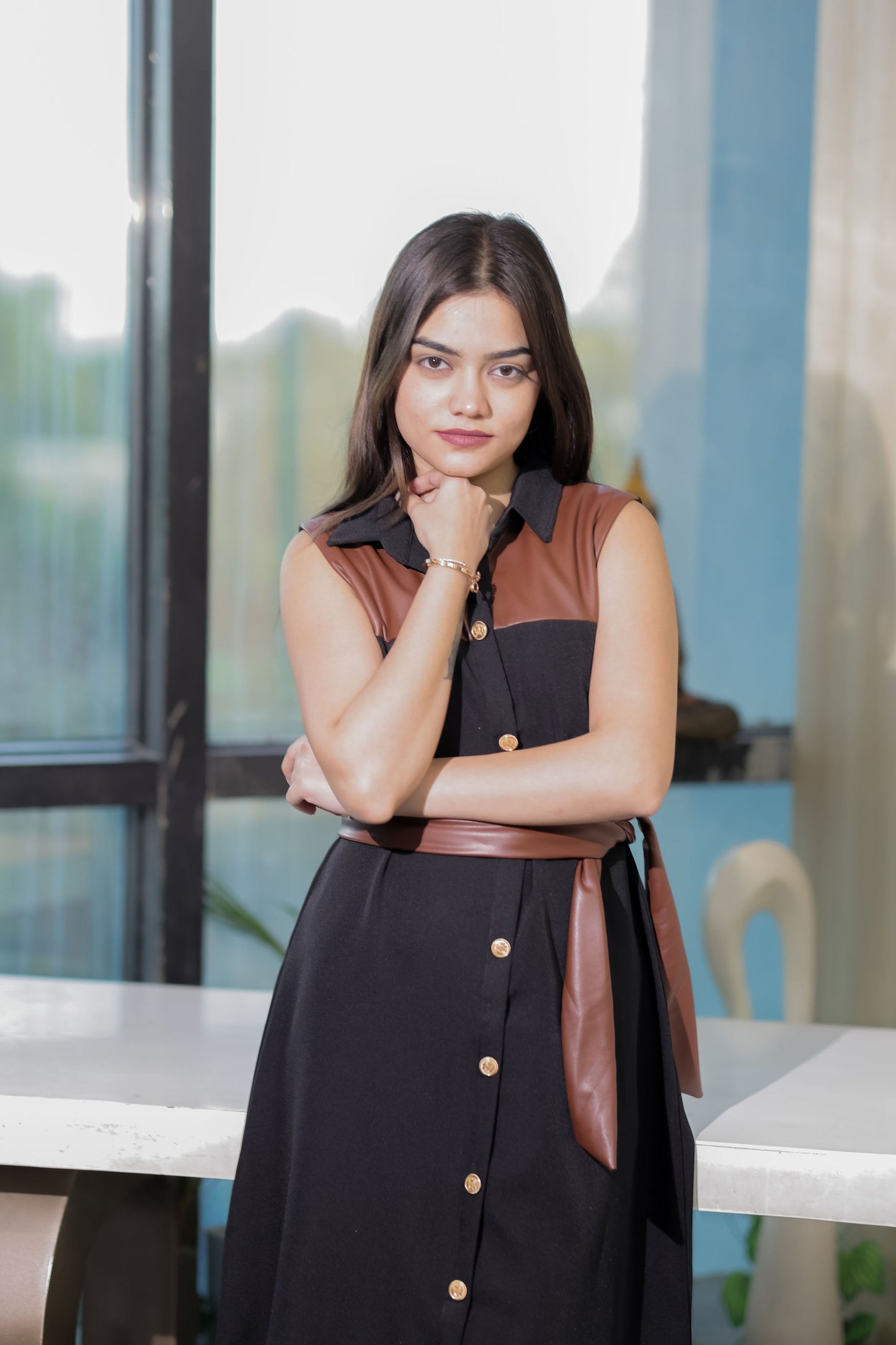 Black and leather detailing dress without sleeves EWDR0018-BLKLT