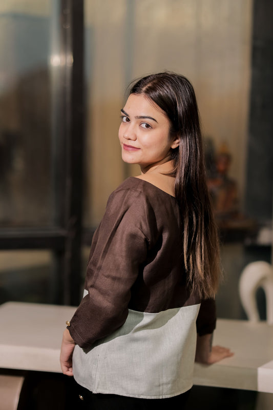 Green and brown top with gold applique with sleeves EWTP0038-GRNGA