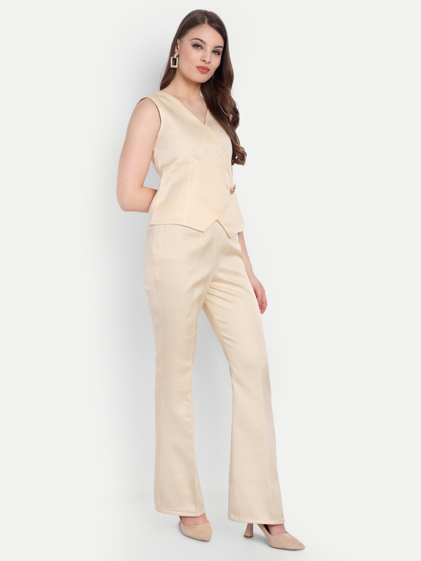 Cream Linen satin pants with gold button ESWPA0004-CREGB