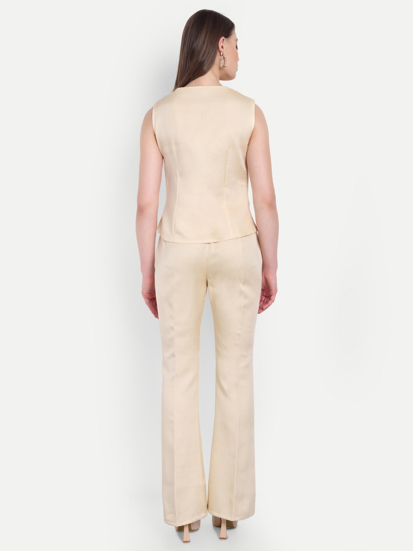 Cream Linen satin pants with gold button ESWPA0004-CREGB