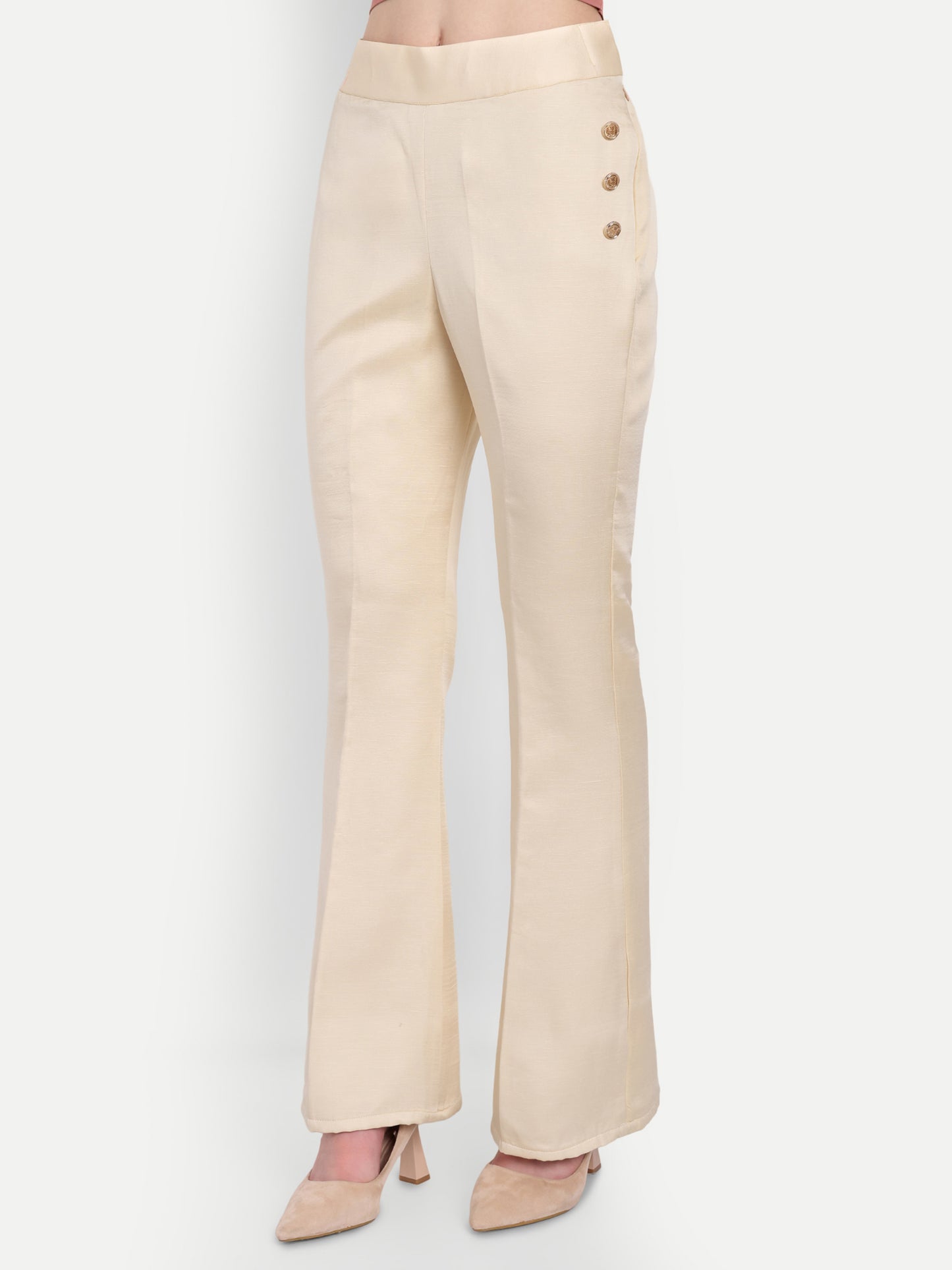 Cream Linen satin pants with gold button ESWPA0004-CREGB
