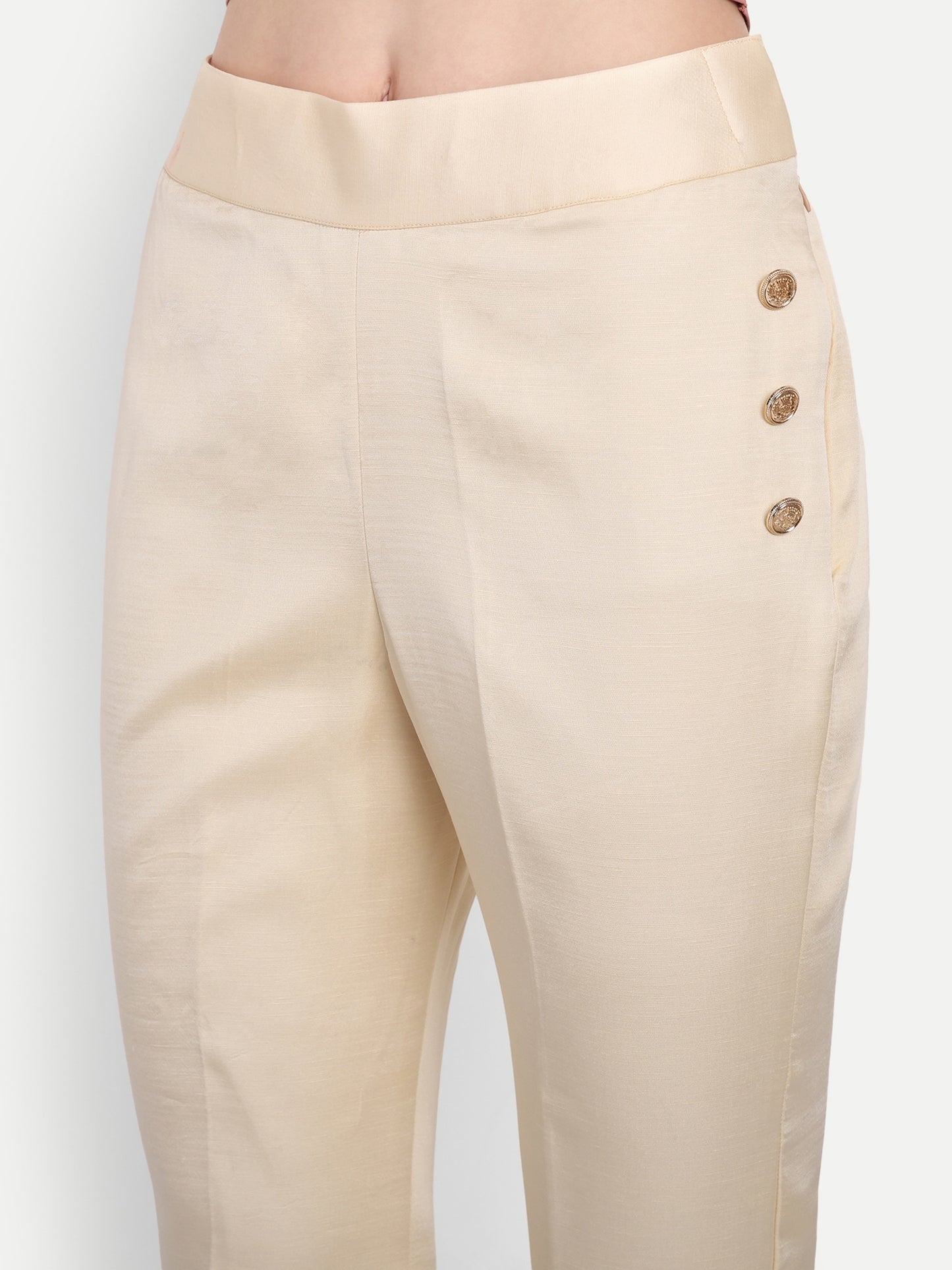 Cream Linen satin pants with gold button ESWPA0004-CREGB