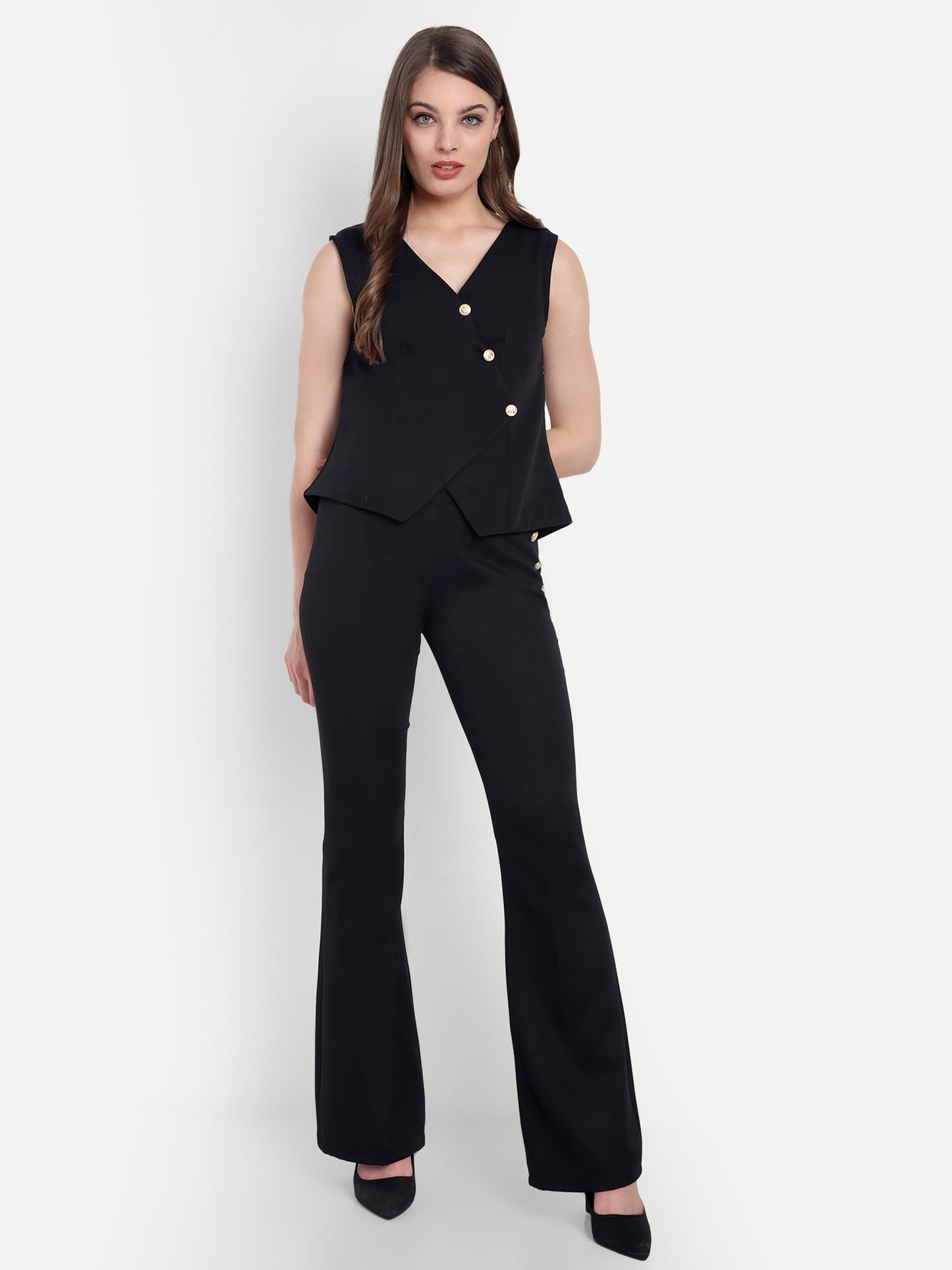 Black crepe straight fit pants with gold buttons ESWPA0003-BLKGB