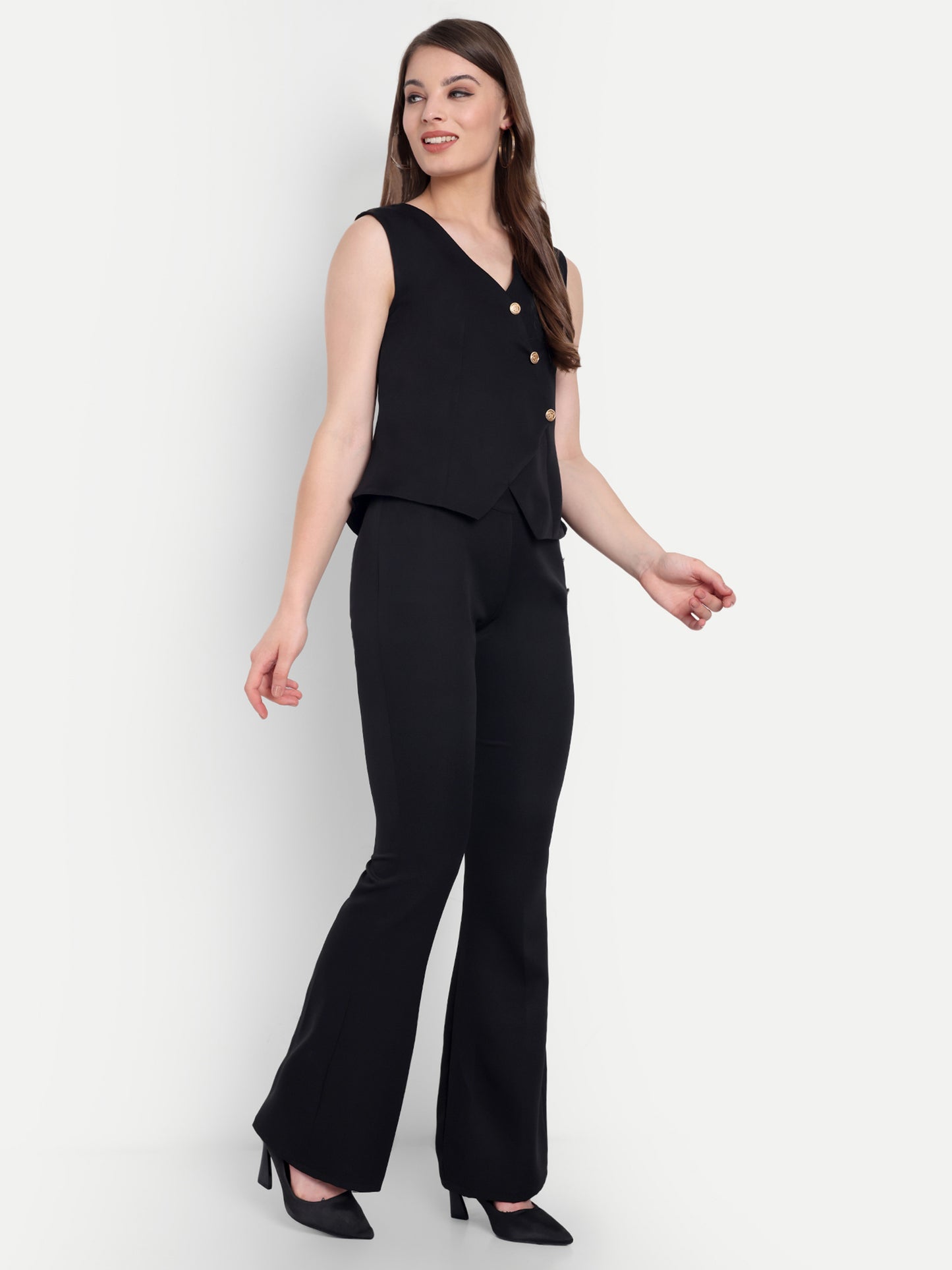 Black crepe straight fit pants with gold buttons ESWPA0003-BLKGB