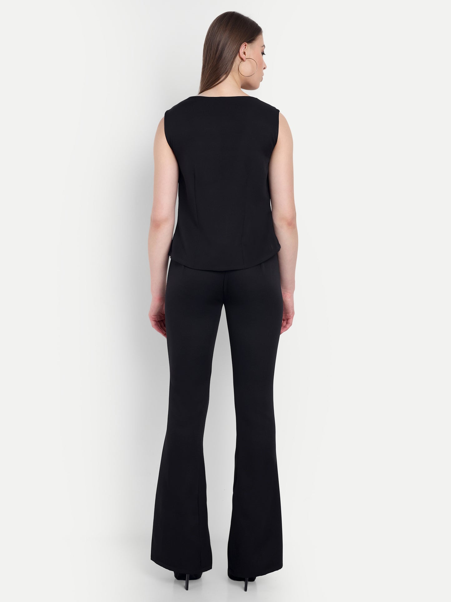 Black crepe straight fit pants with gold buttons ESWPA0003-BLKGB