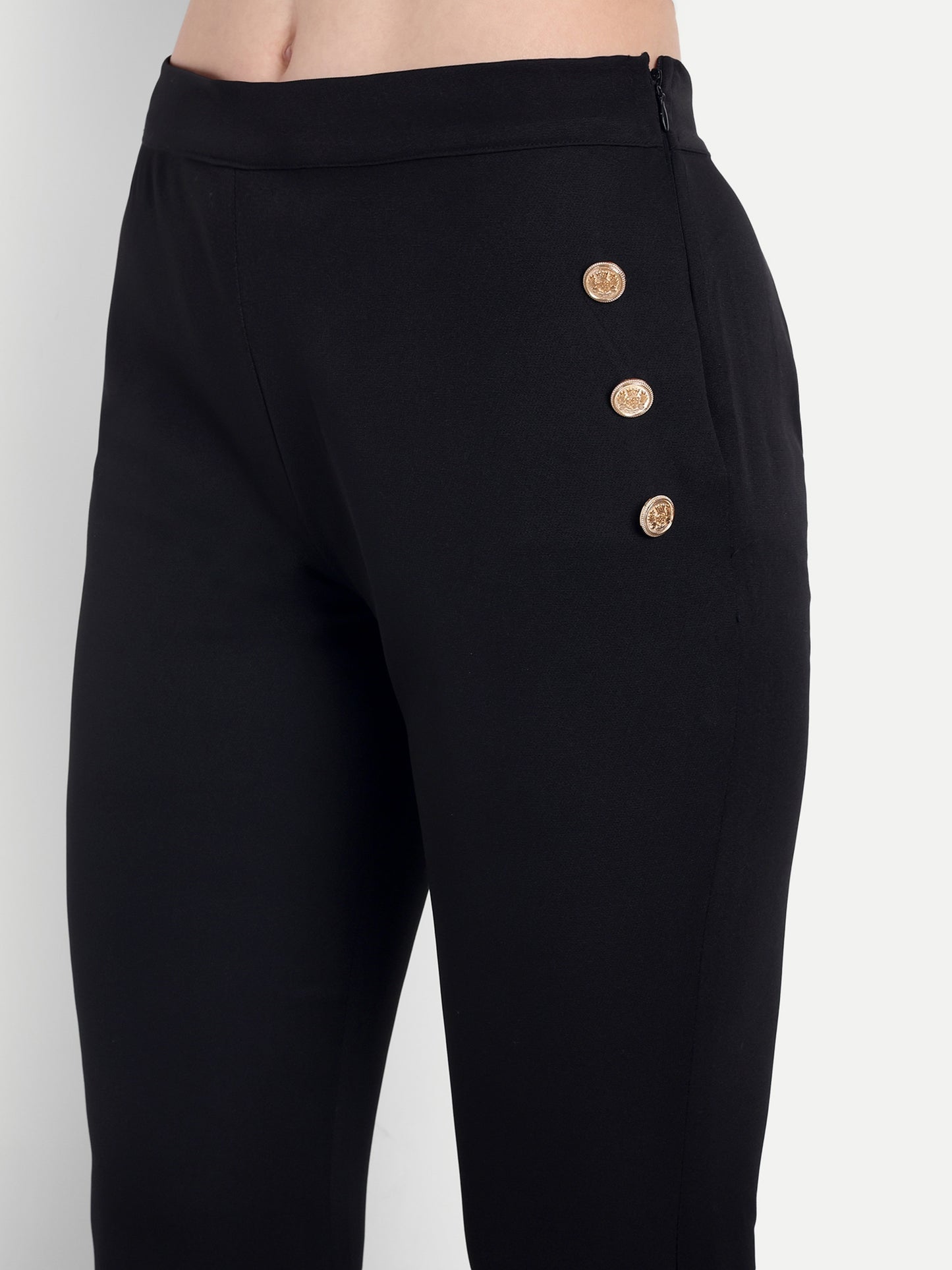 Black crepe straight fit pants with gold buttons ESWPA0003-BLKGB
