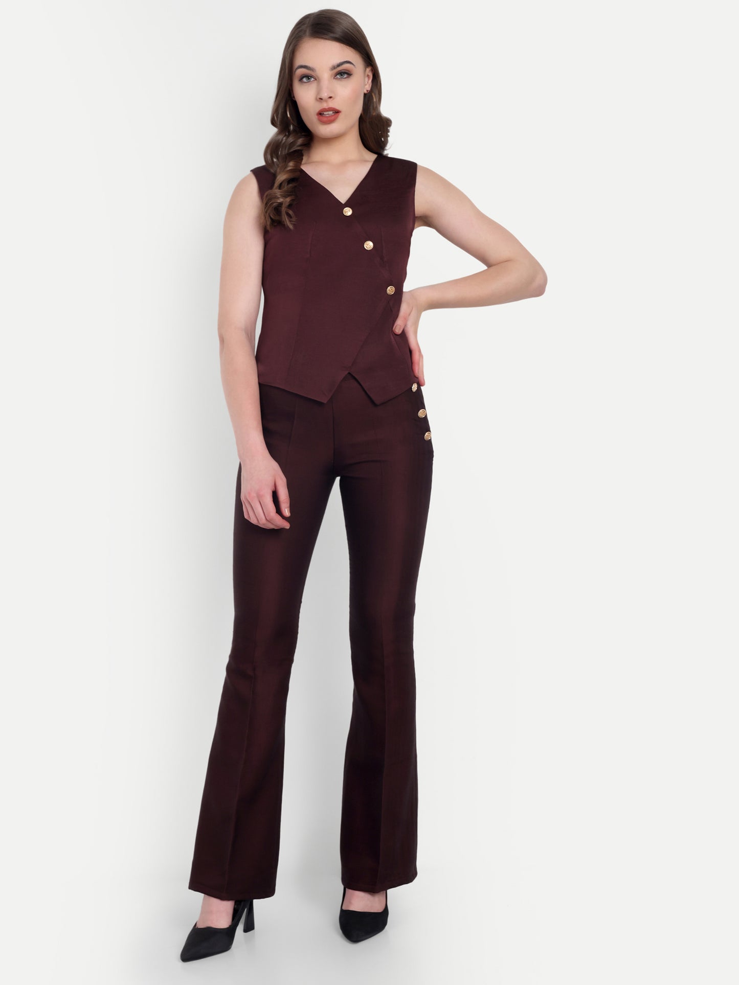 Brown Linen satin waistcoat with gold buttons detailing EWTP0062-BRNGB