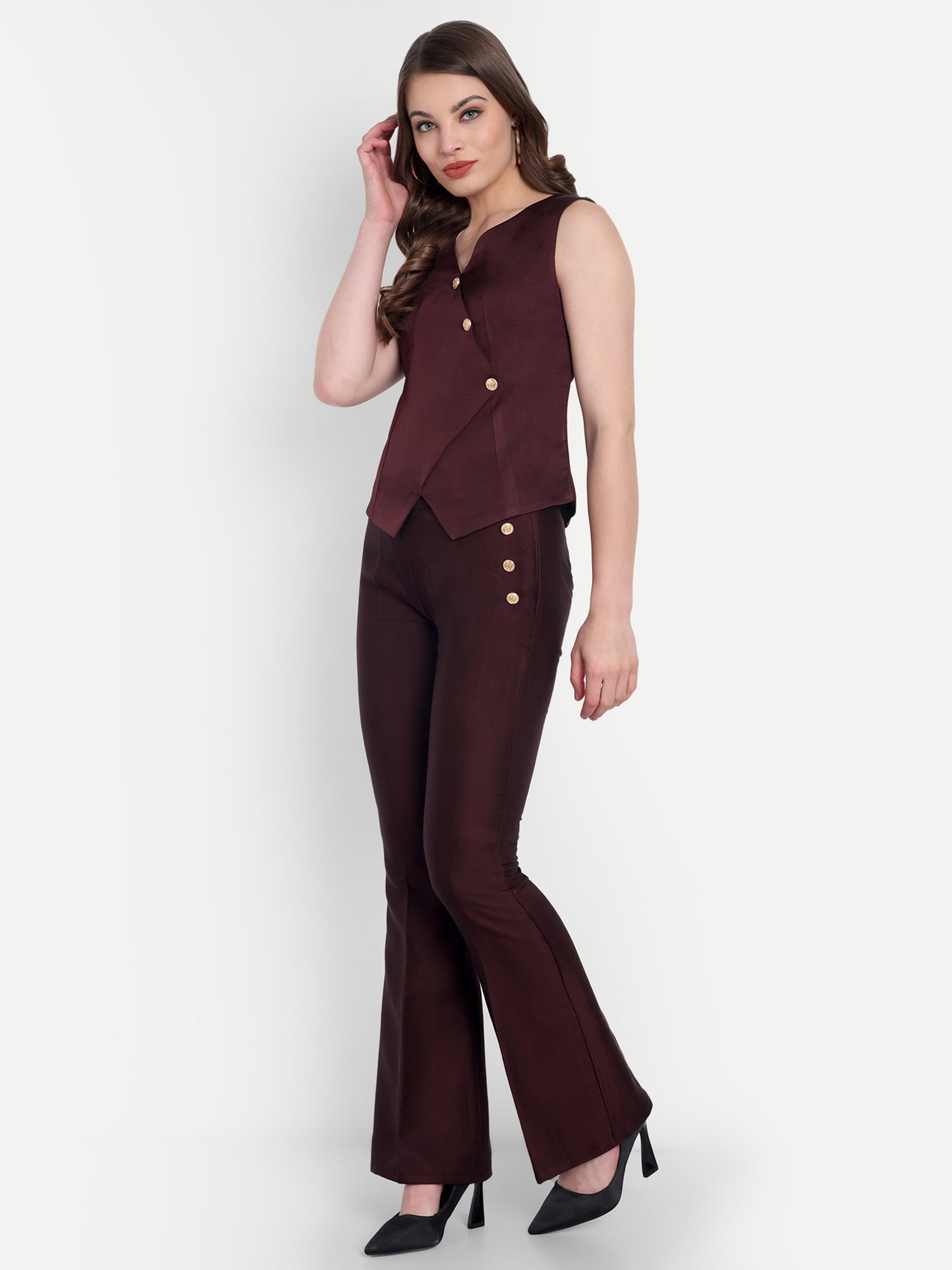 Brown Linen satin waistcoat with gold buttons detailing EWTP0062-BRNGB