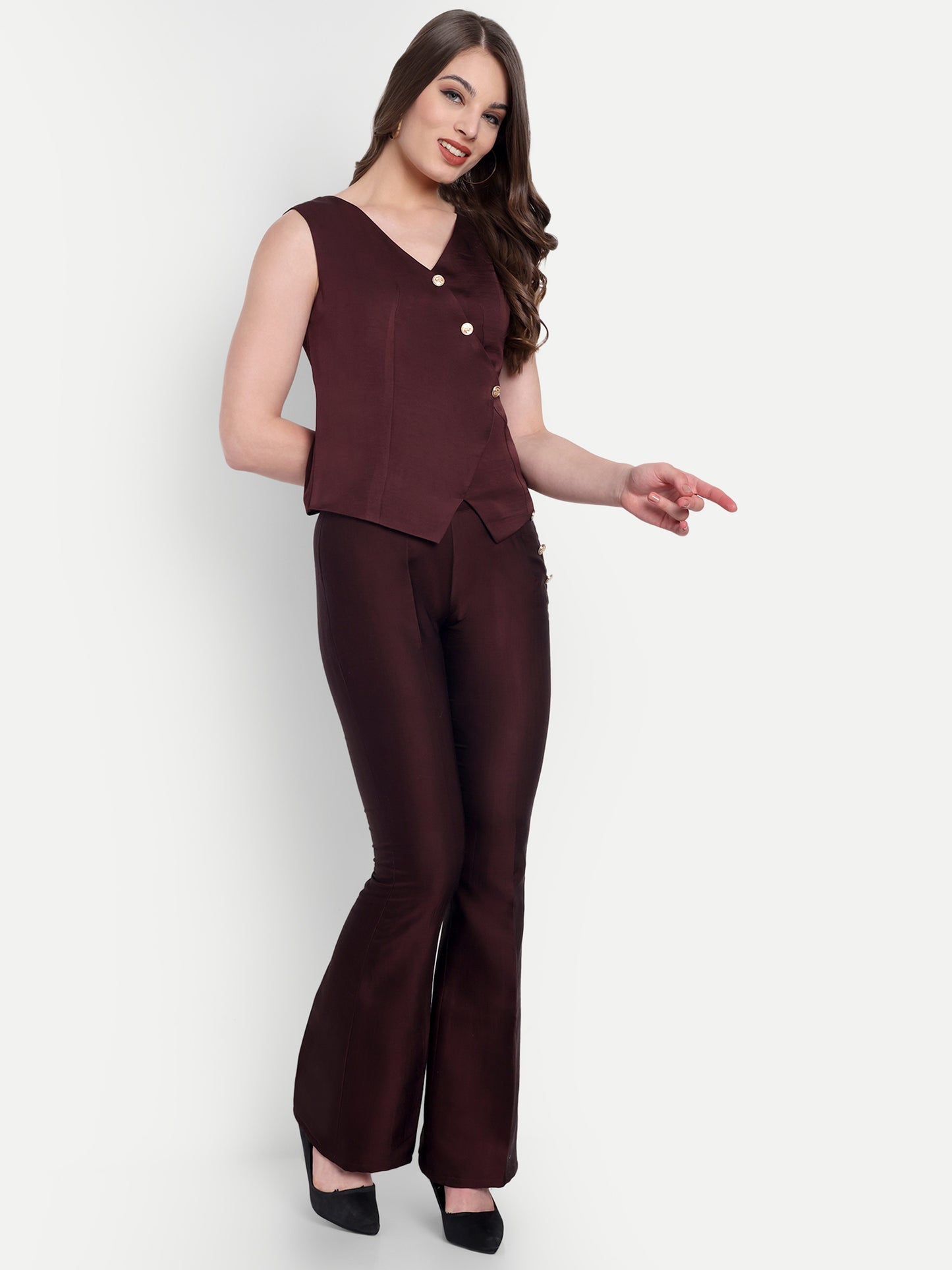 Brown Linen satin waistcoat with gold buttons detailing EWTP0062-BRNGB