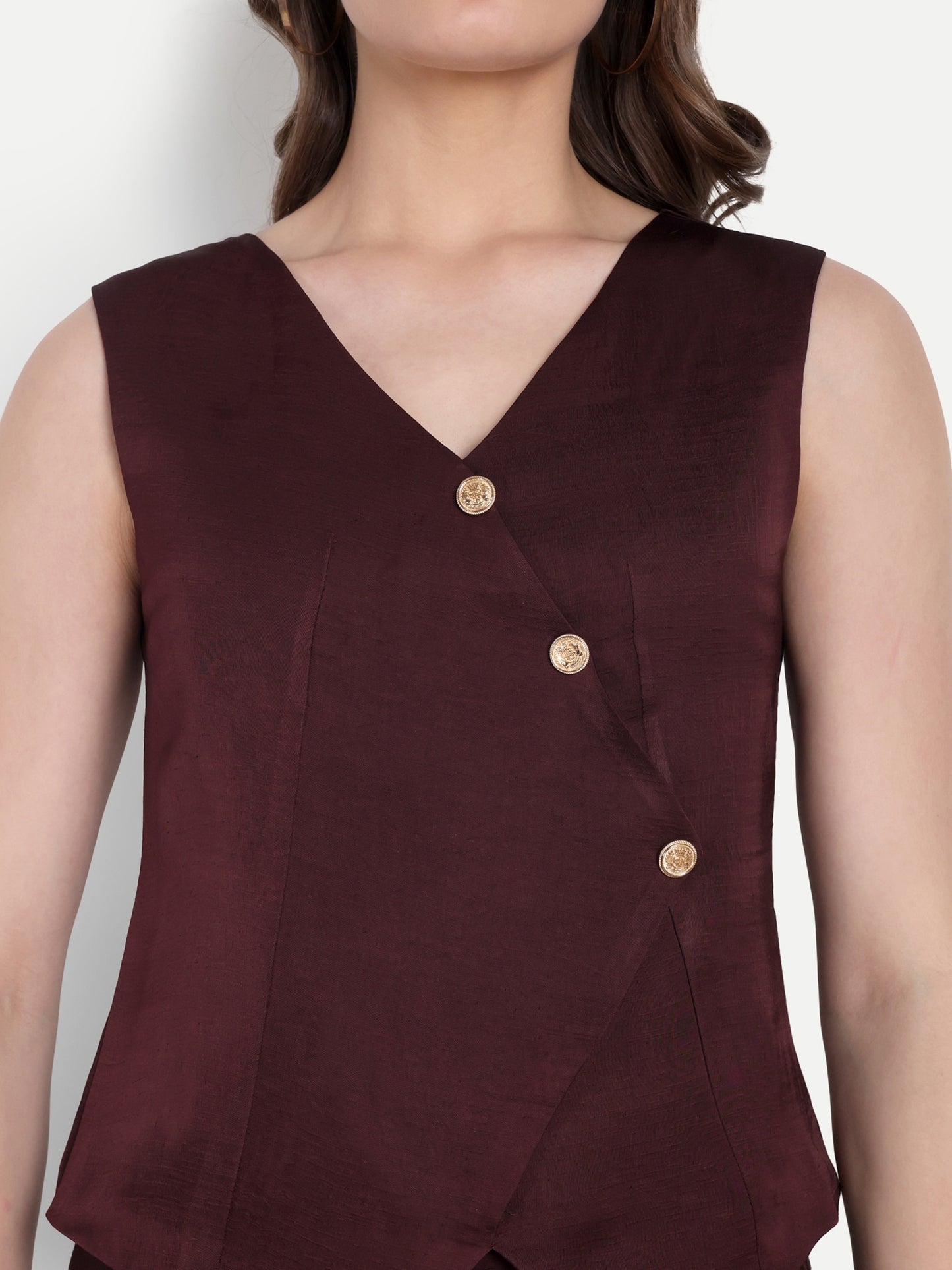 Brown Linen satin waistcoat with gold buttons detailing EWTP0062-BRNGB