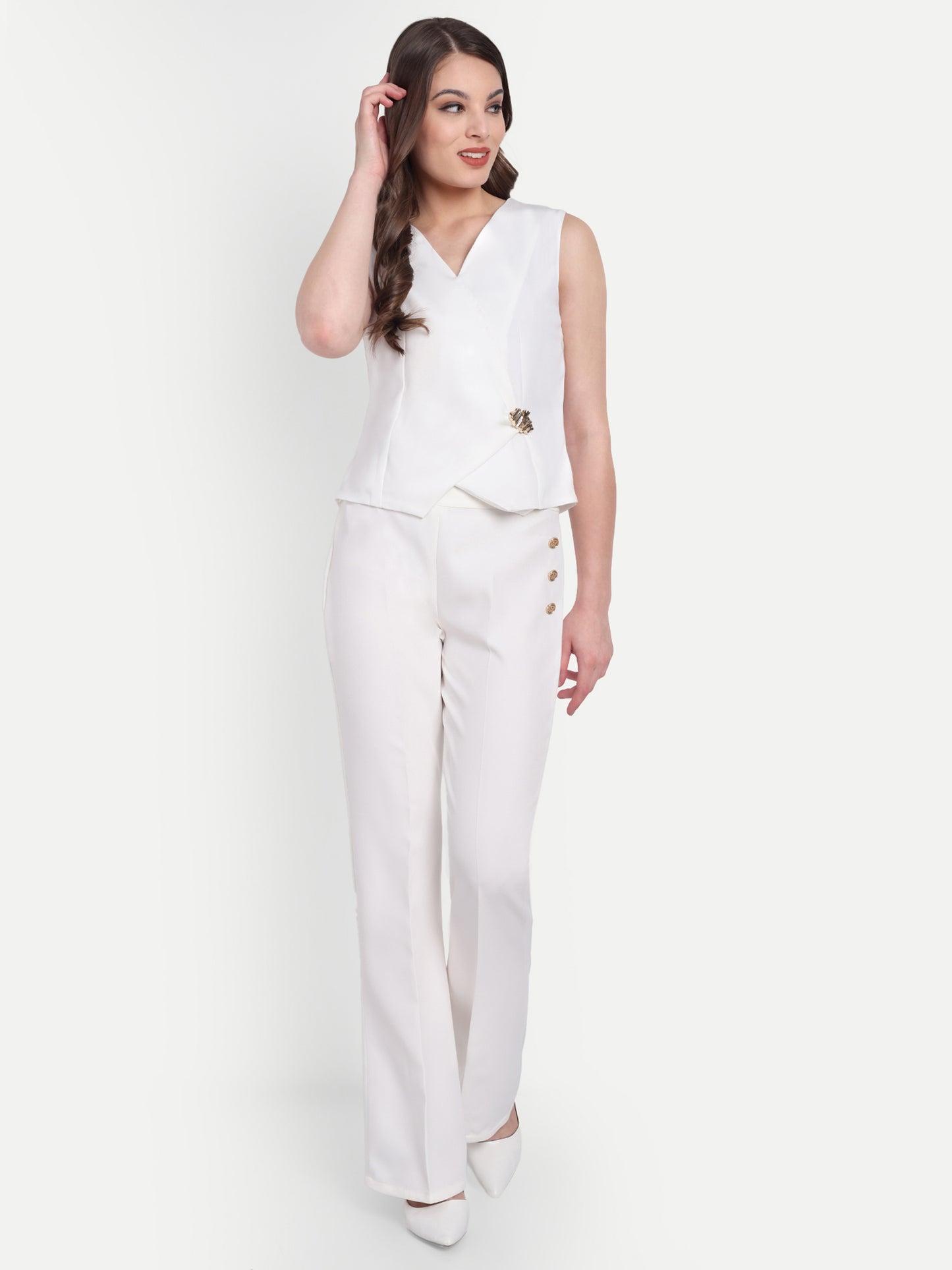 White crepe pants with gold buttons ESWPA0013-WHTGB