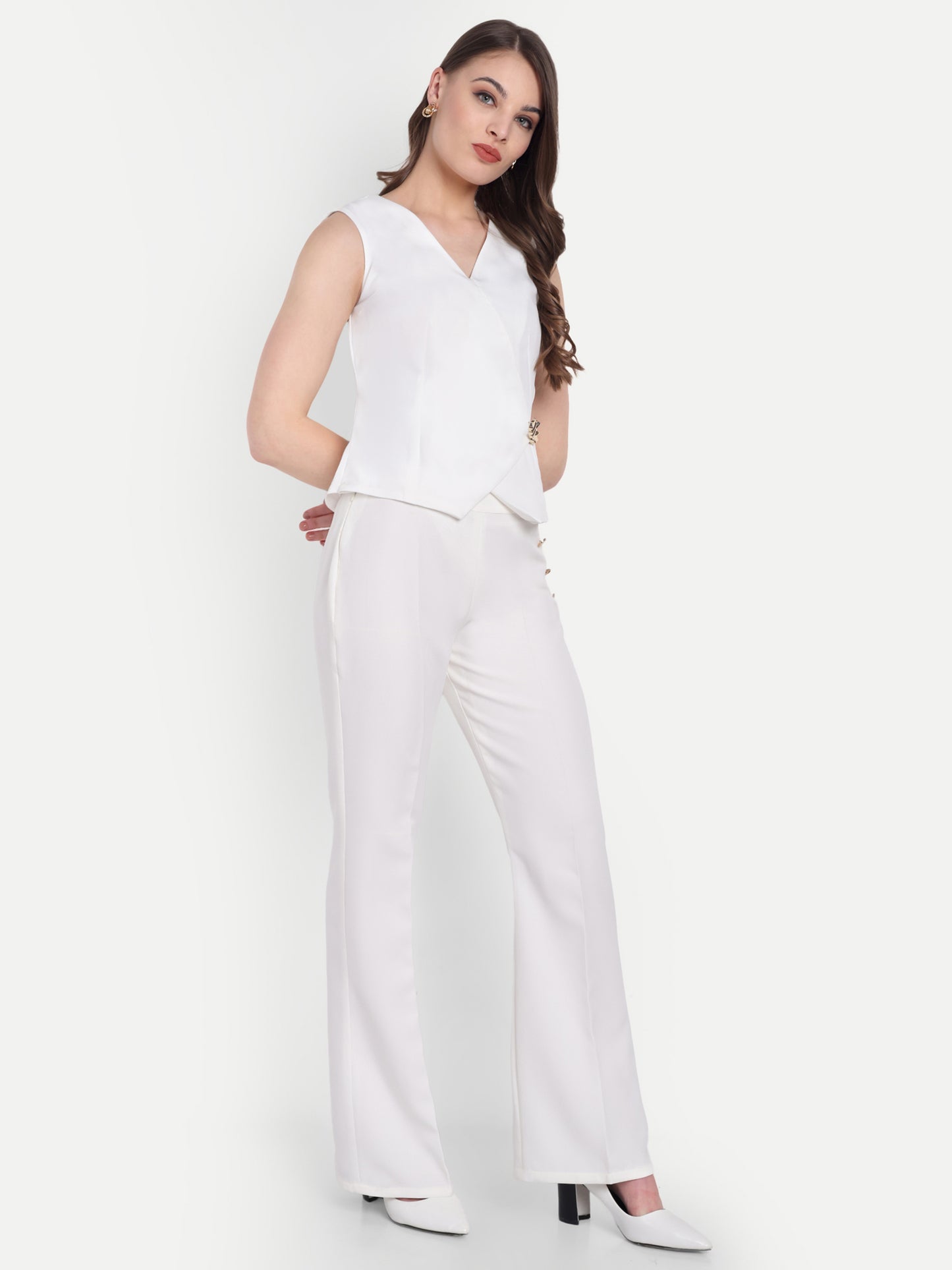 White crepe pants with gold buttons ESWPA0013-WHTGB
