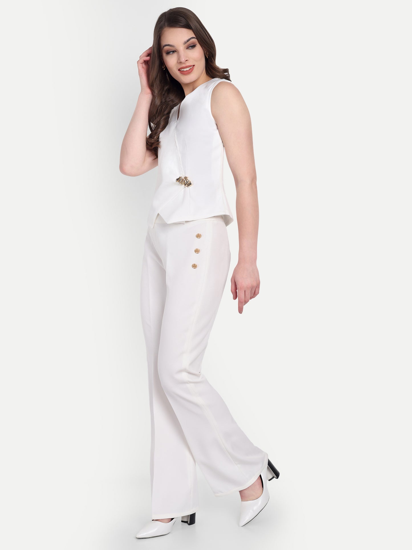 White crepe pants with gold buttons ESWPA0013-WHTGB
