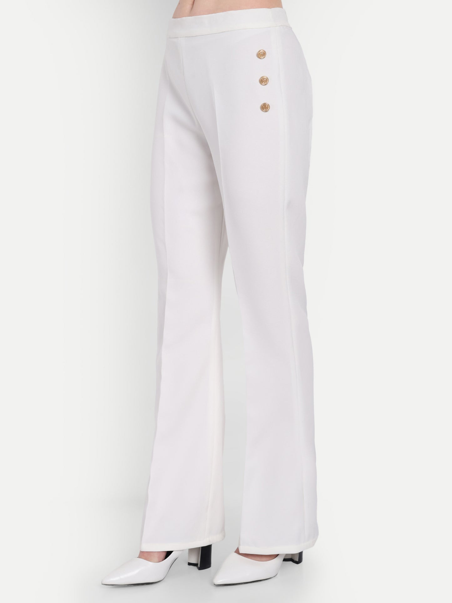 White crepe pants with gold buttons ESWPA0013-WHTGB