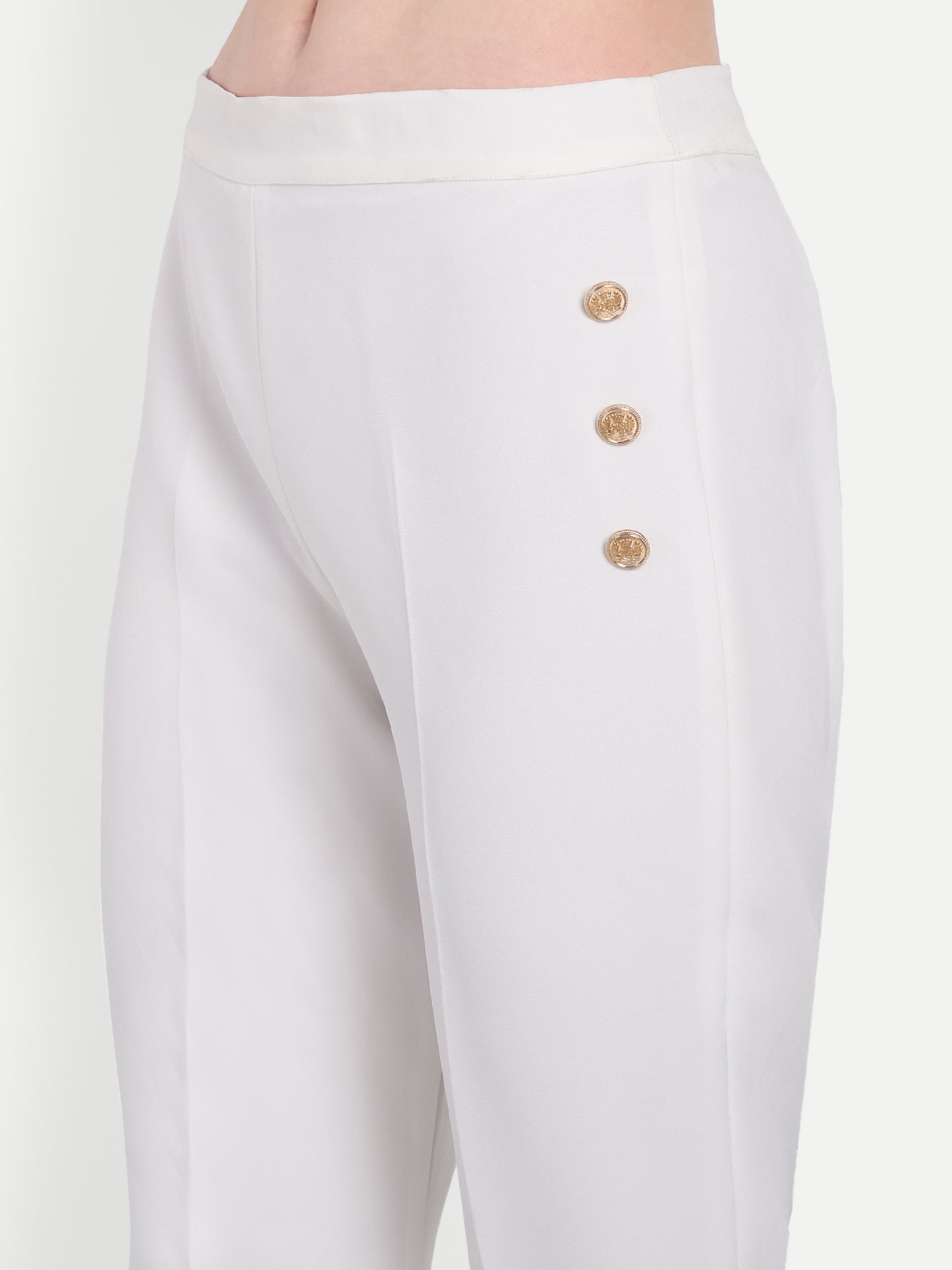 White crepe pants with gold buttons ESWPA0013-WHTGB