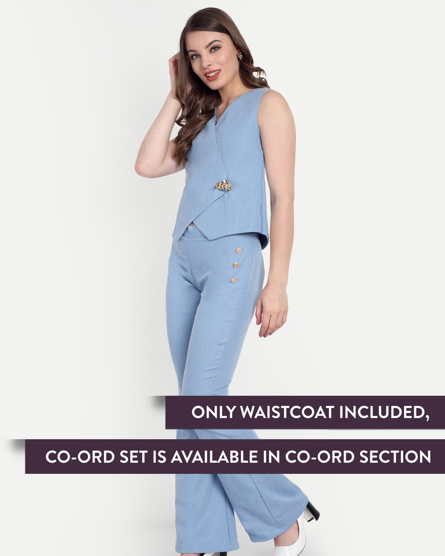 Light blue denim waist coat with gold applique EWTP0067-BLUGA