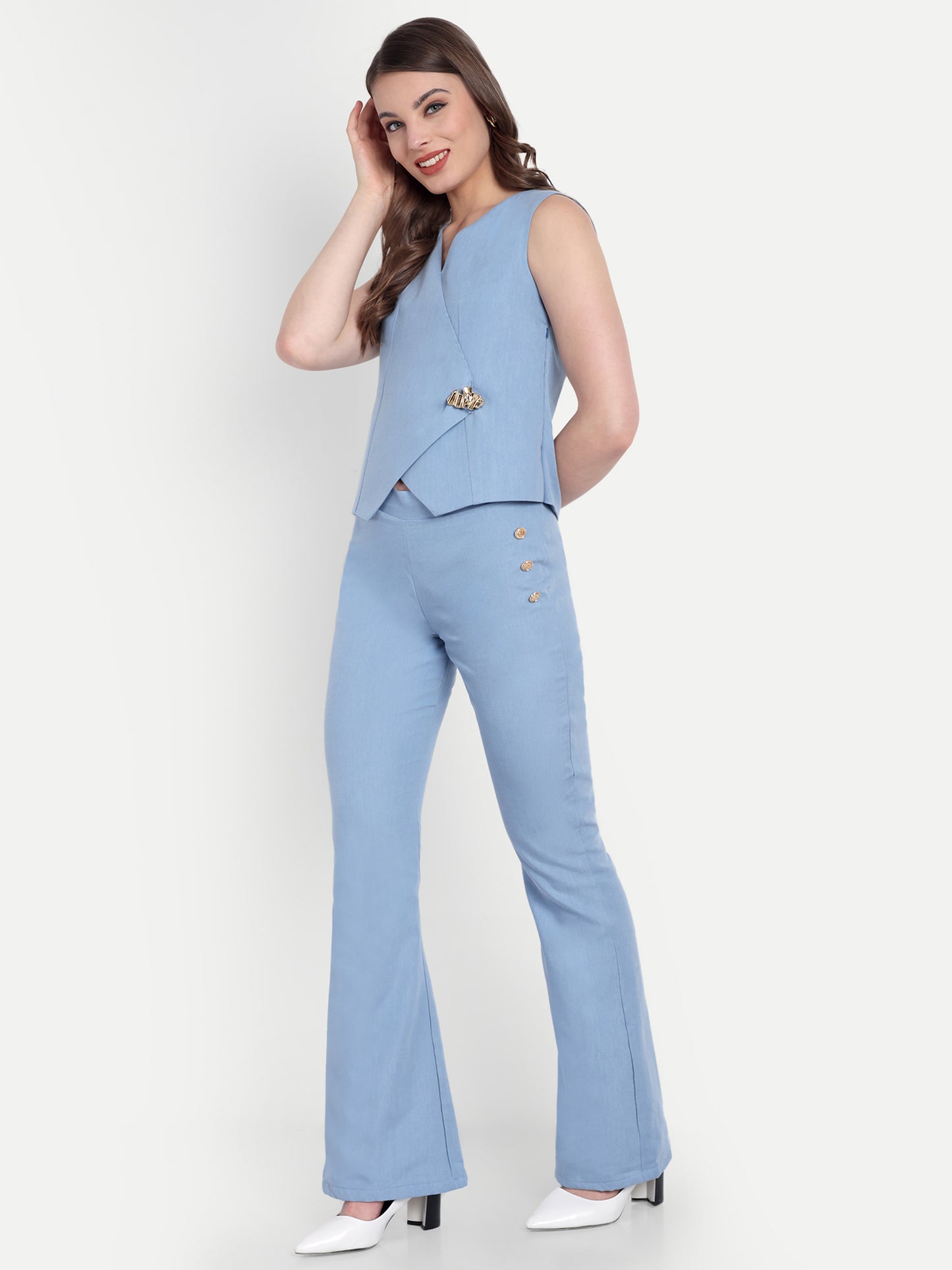 Light denim pants with gold buttons ESWPA0002-DNMGB