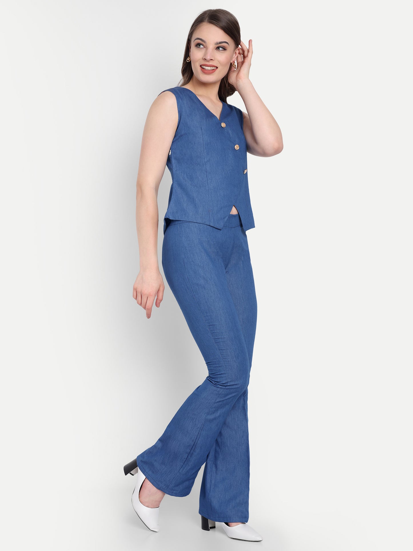 Mid dark denim pants with gold buttons ESWPA0007-DNMGB