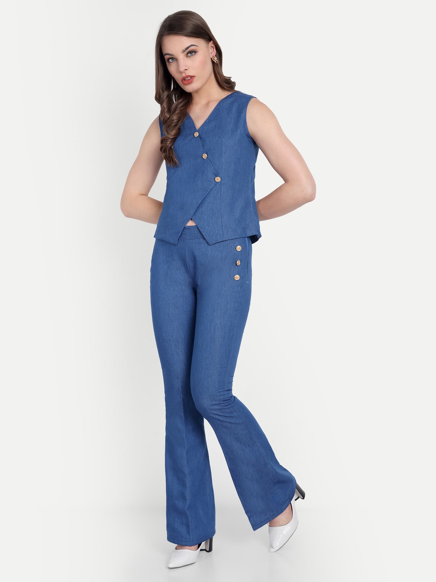 Mid dark denim pants with gold buttons ESWPA0007-DNMGB