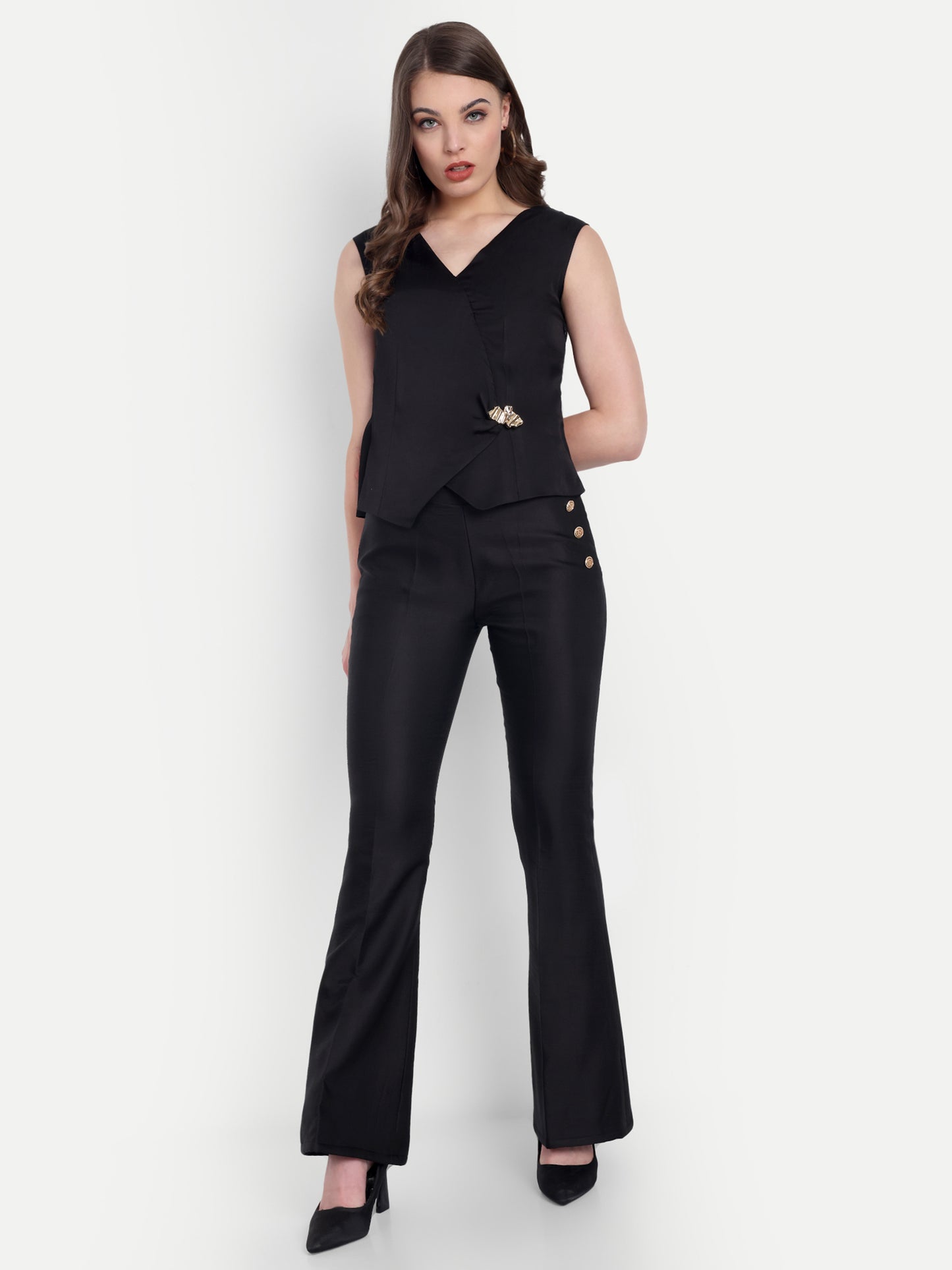 Black linen satin pants with gold buttons ESWPA0011-BLKGB