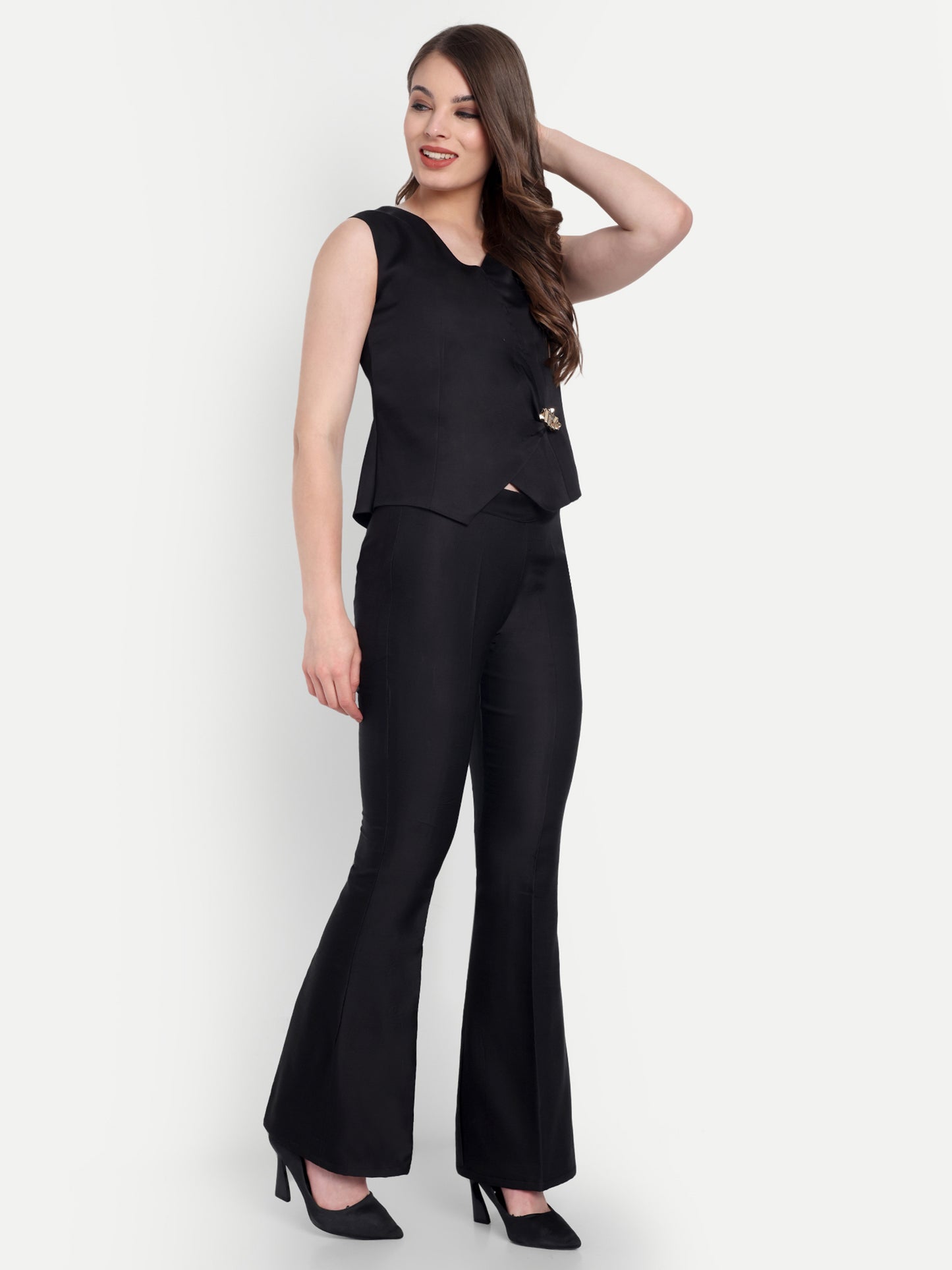 Black linen satin pants with gold buttons ESWPA0011-BLKGB
