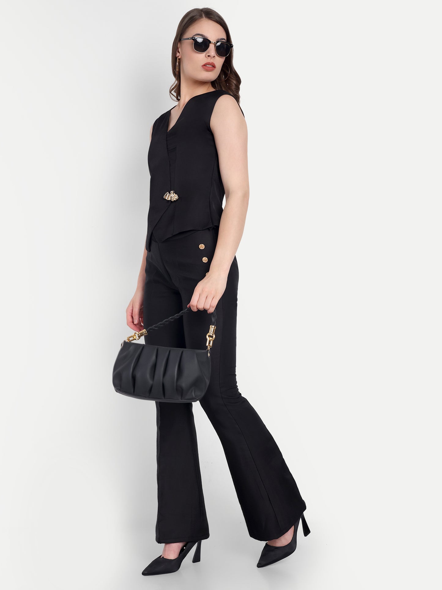 Black linen satin pants with gold buttons ESWPA0011-BLKGB