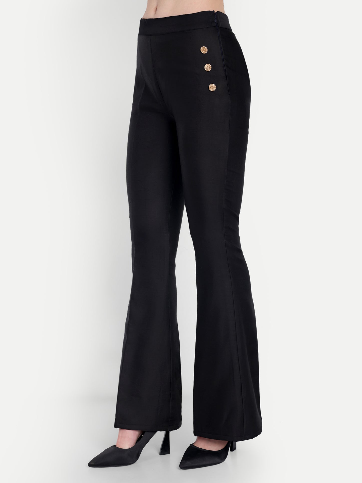 Black linen satin pants with gold buttons ESWPA0011-BLKGB