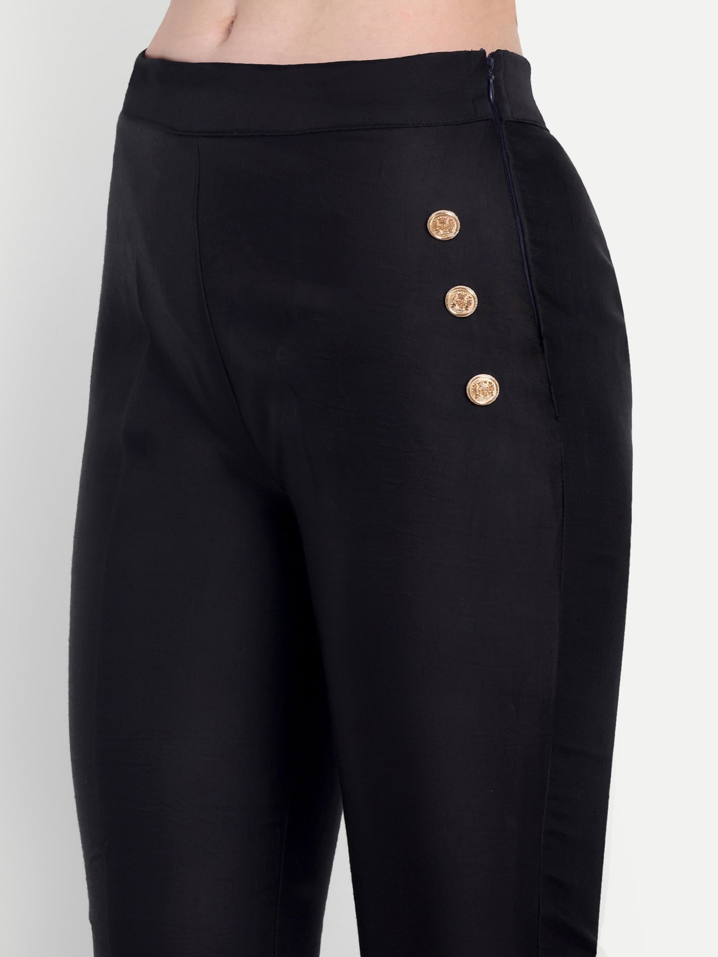 Black linen satin pants with gold buttons ESWPA0011-BLKGB