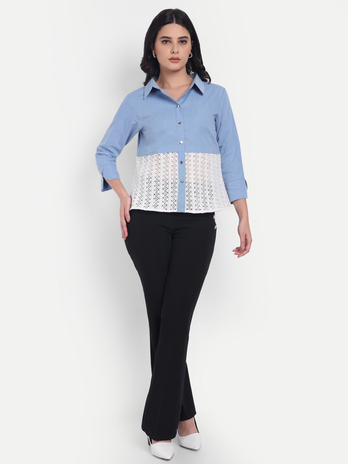 Light denim and crochet quarter sleeves shirt with gold buttons-Esseneur