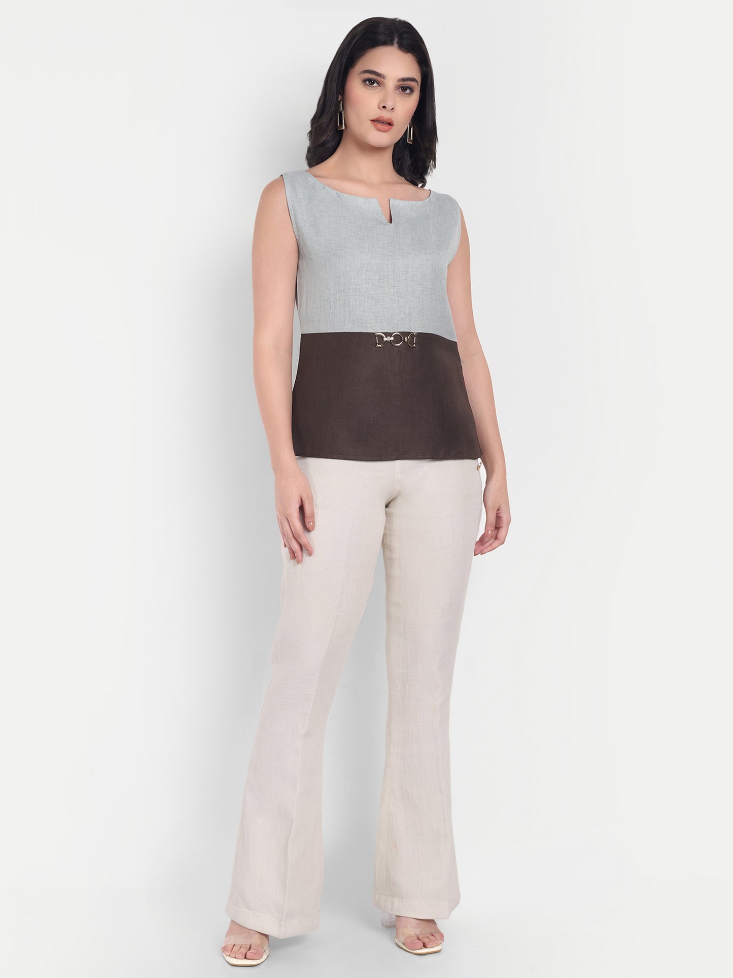 Brown and green sleeveless top with gold applique - esseneur.