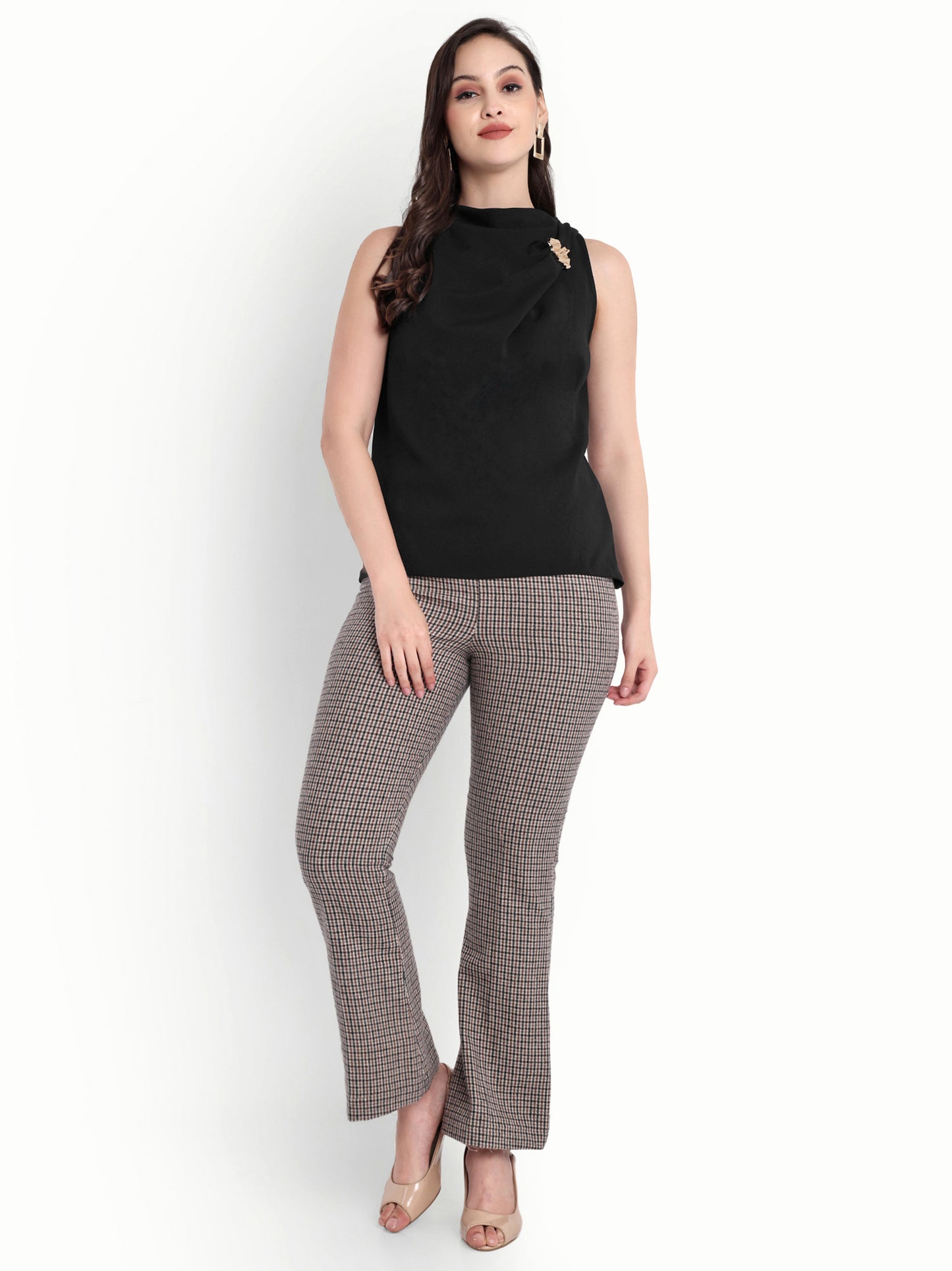 Black sleeveless top with gold applique on shoulder - esseneur.