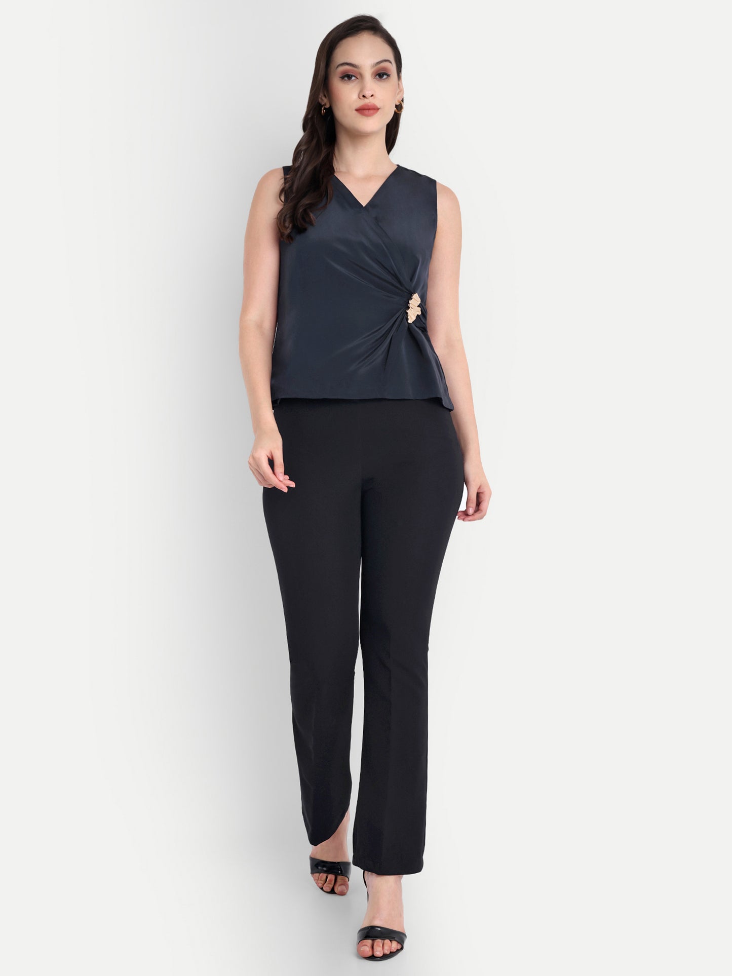 Blue top with gold applique on waist - esseneur.