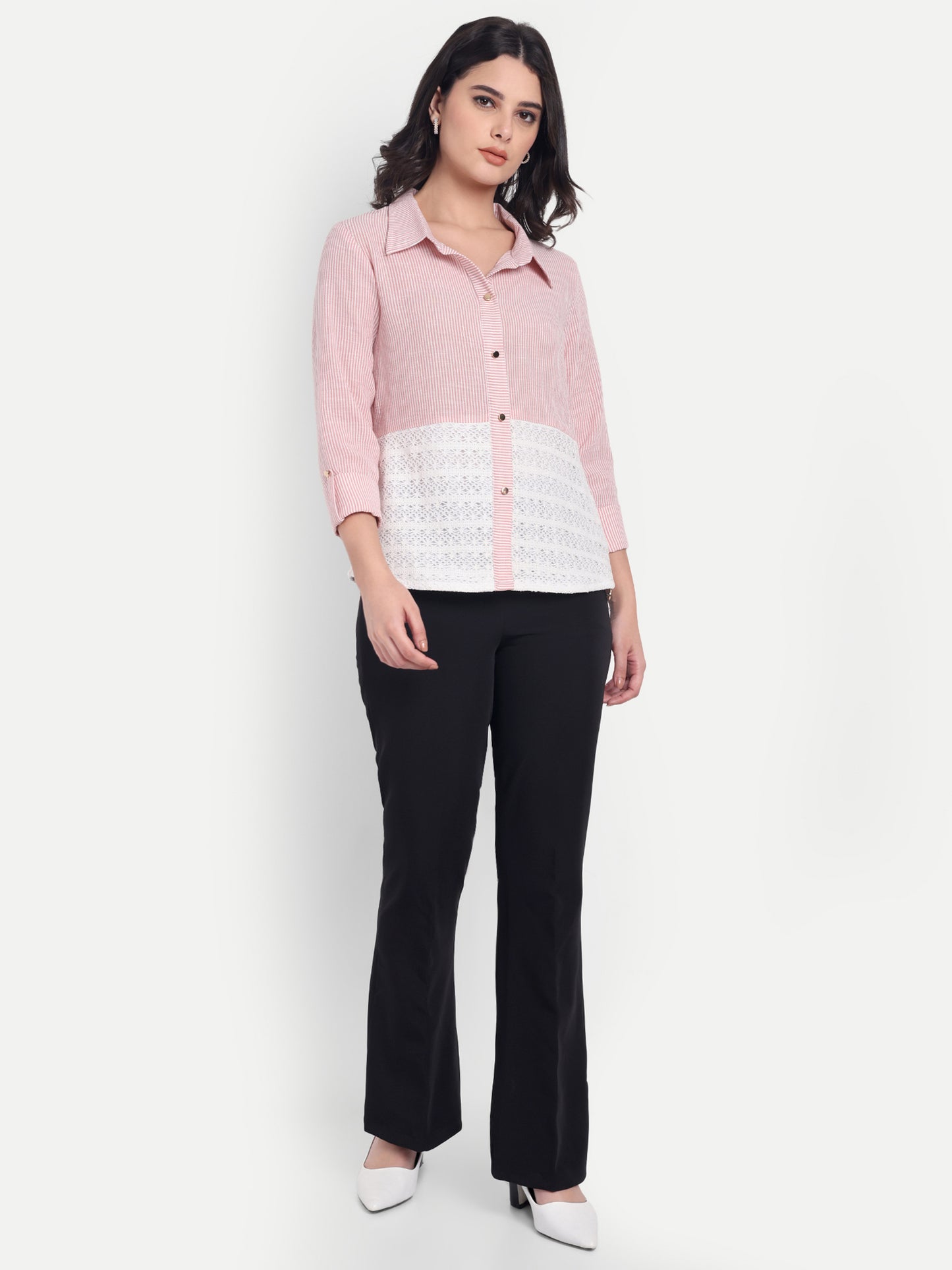 pink striped and crochet shirt with gold buttons-Esseneur