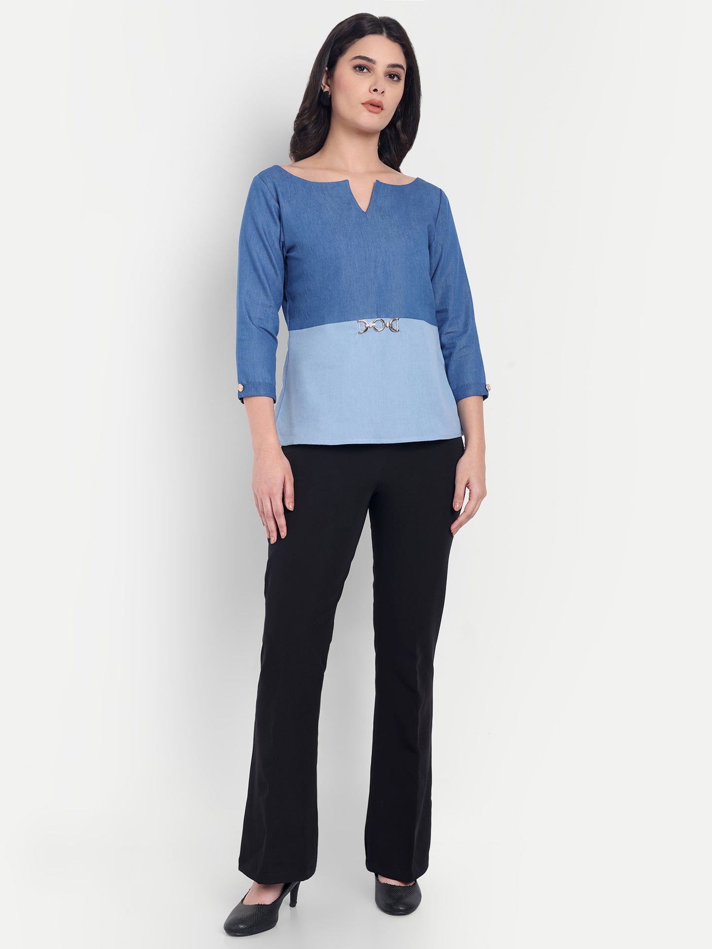 Two colour Light blue and dark blue denim full sleeves top with gold applique - esseneur.
