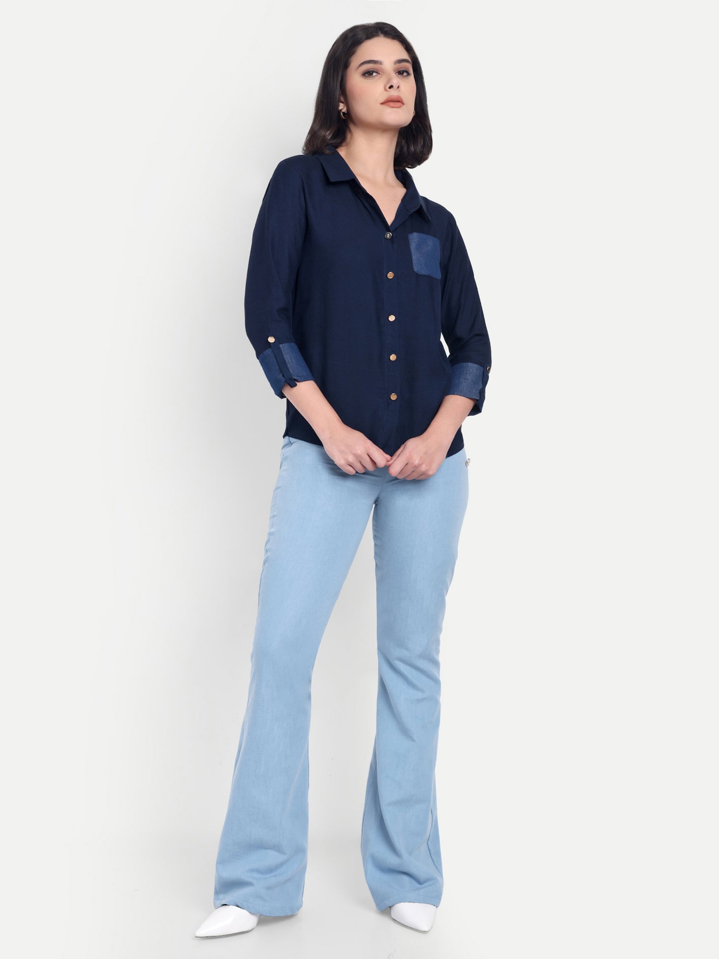 Dark blue denim shirt with gold buttons-Esseneur