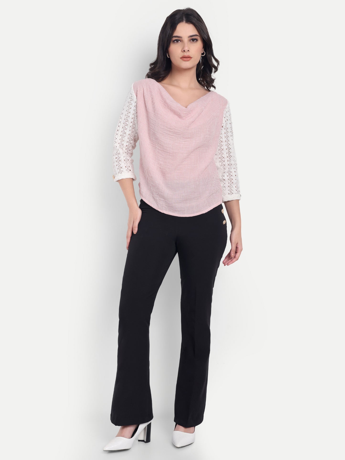 Pink stripe top with crotia sleeves and cowl neck - esseneur.