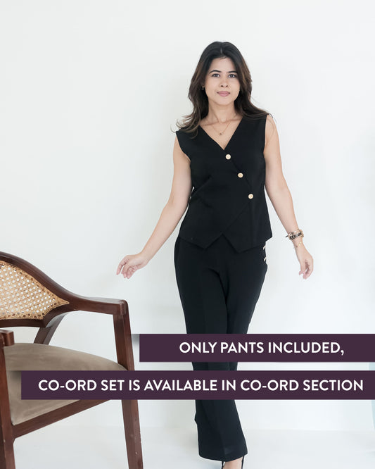 Black crepe straight fit pants with gold buttons ESWPA0003-BLKGB