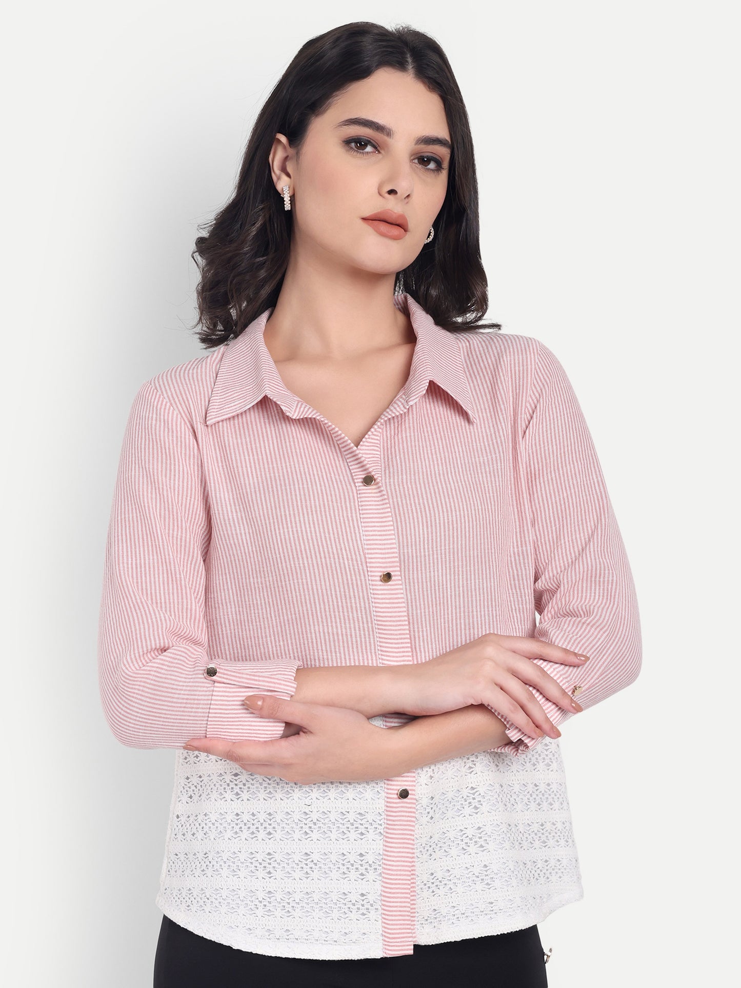 pink striped and crochet shirt with gold buttons-Esseneur